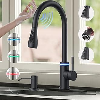 Touch On Kitchen Faucet, 3 Modes Pull Down Sprayer, Touch On Sensor Activated, LED Temperature Control, 360-Degree Rotation,1 or 3 Hole Deck Plate. 10-Year Warranty. (Black, KW-70R)