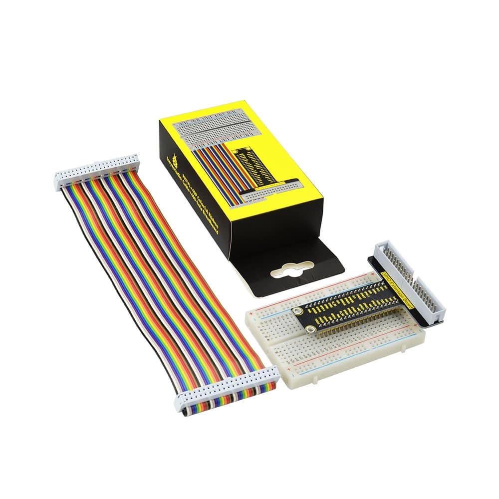 Keyestudio GPIO Breakout Kit for Raspberry Pi - Assembled Pi Breakout + Rainbow Ribbon Cable + 400 Tie Points Solderless Breadboard