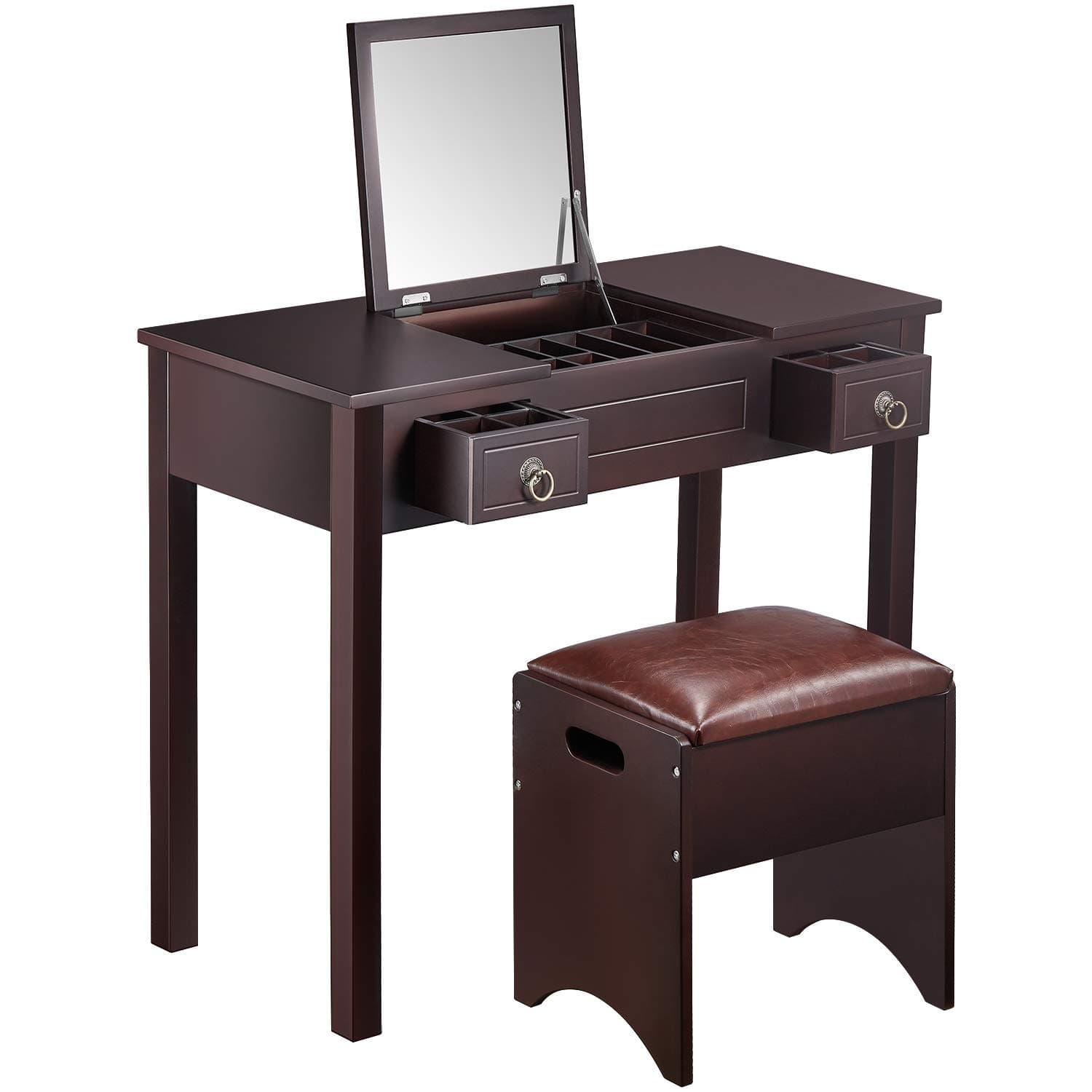 Vanity Set, 2 Large Sliding Drawers, Removable Makeup Organizer Brushes Nail Polishes, Easy Assembly Dressing Table Mirror Stool, 35.5x15.7x29.5 inches, Brown