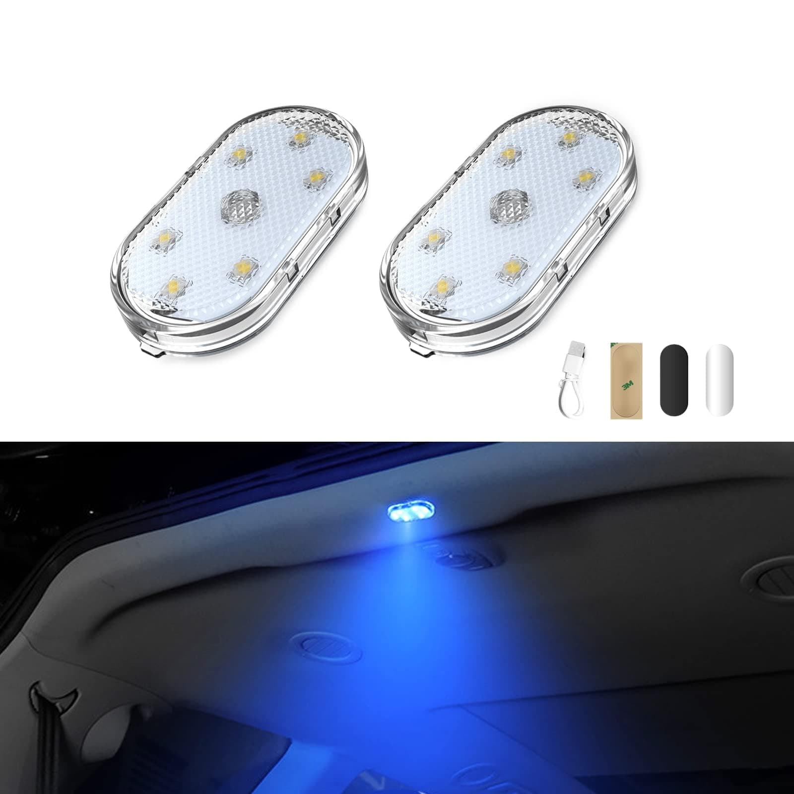 X spring Car LED Lights Interior, 2 Pcs Portable Small Incar LED Touch Lights with 6 LED Lamp Beads, USB Rechargeable Ambient Lighting Car Interior, Car Interior Lights for Car Decoration (Blue Light)