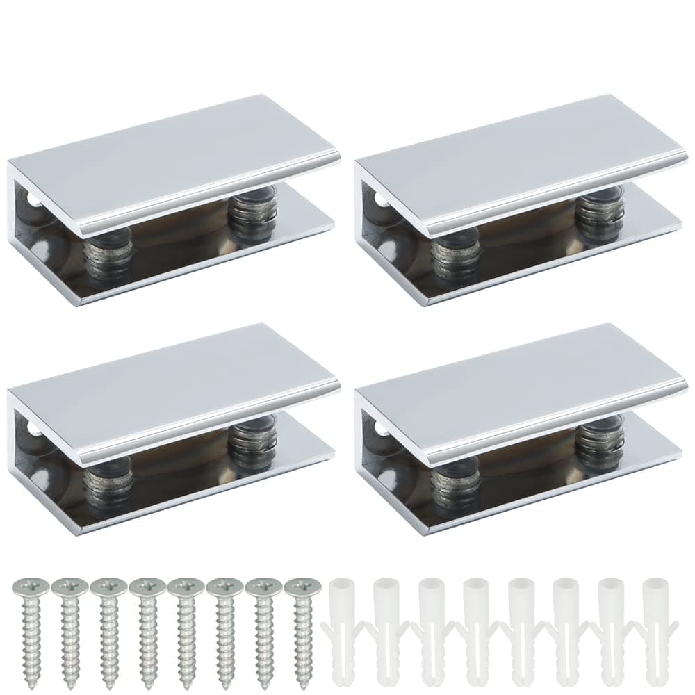 Alise Glass Shelf Bracket Adjustable Shower Brackets,Heavy Duty Rectangle Clamp Holder for 10-12mm Glass Shelves,Wall Mount Clamps Clip Support Hardware Replacement Parts,Polished Chrome 4 Pcs