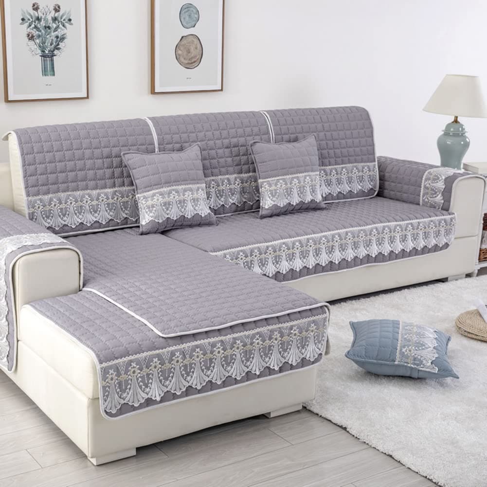 vctops Farmhouse Solid Color Sofa Slipcover Non Slip L Shape Sofa Cover Lace Trim Plaid Quilted Sectional Couch Cover Furniture Protector Cover for Pets Kids Children Dog Cat (Gray,43"x82")