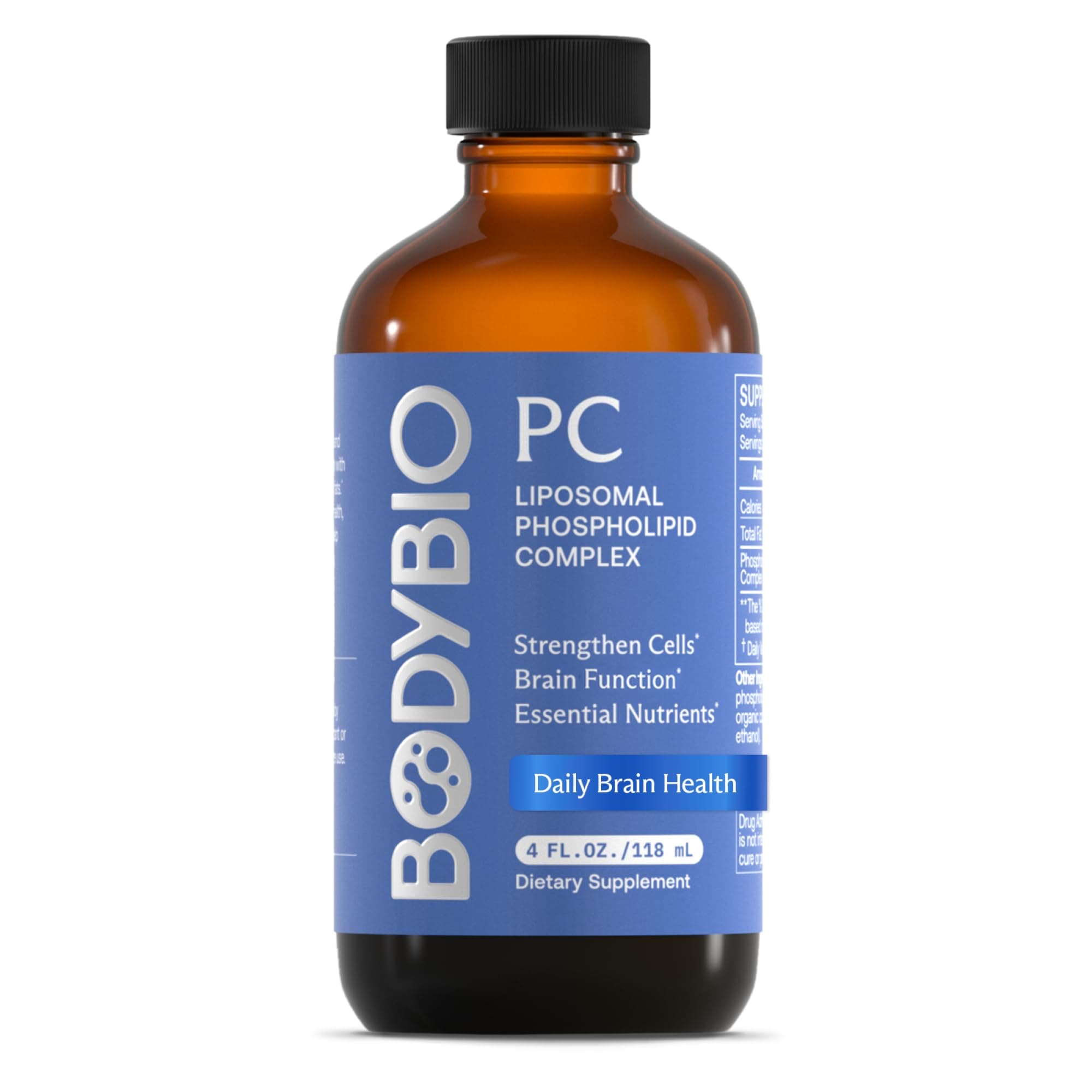 Brain Supplement 4 oz. (39 Servings) - Phospholipid Complex for Healthy Aging | Nootropics Booster | Enhance Focus, Memory, Cellular Repair | BodyBio Phosphatidylcholine for Increased Bioavailability