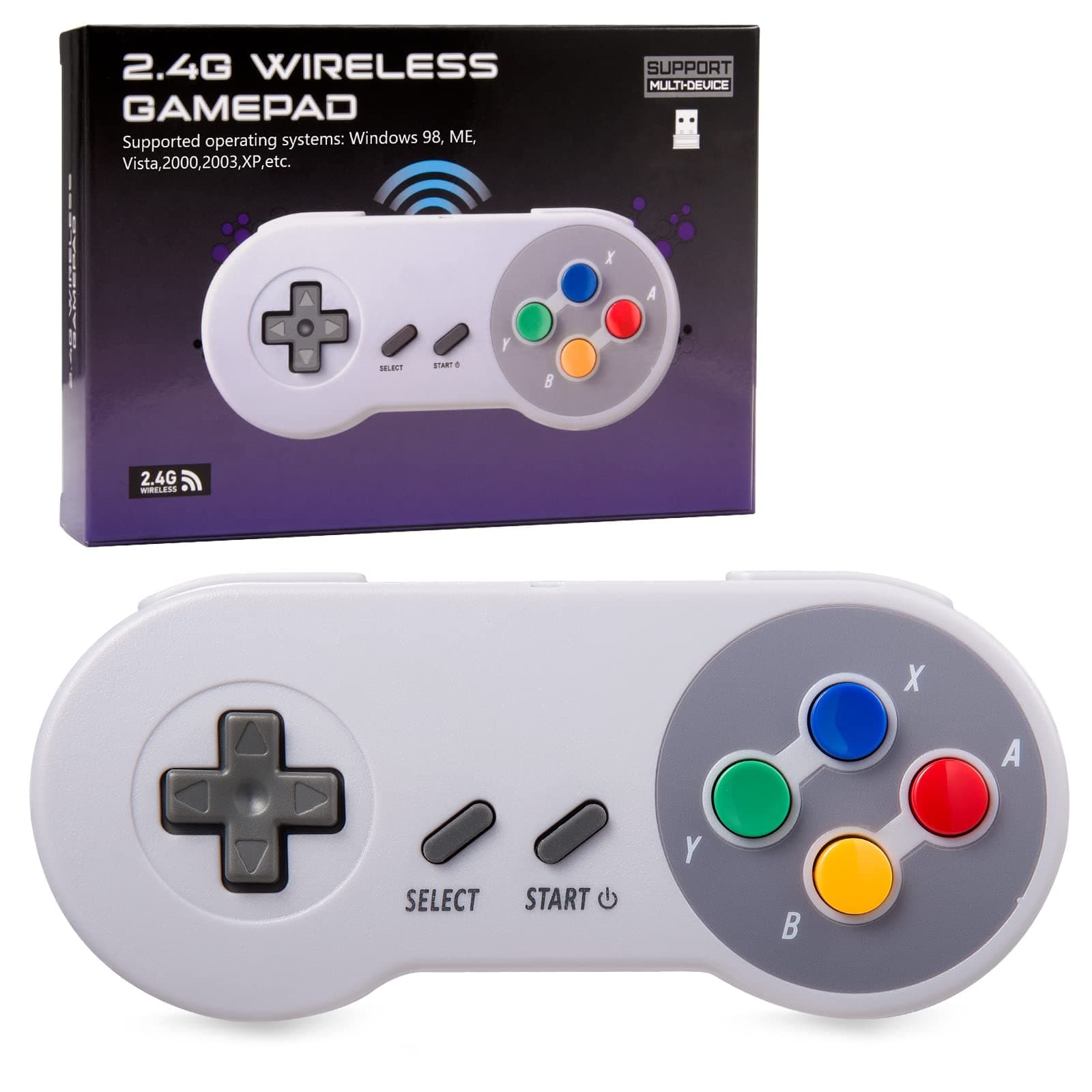 Wireless SNES USB Controller Classic Gamepad Joystick with USB Receiver/Rechargeable Cable for PC Windows Mac and Raspberry Pi Retropie Emulator (colour key)