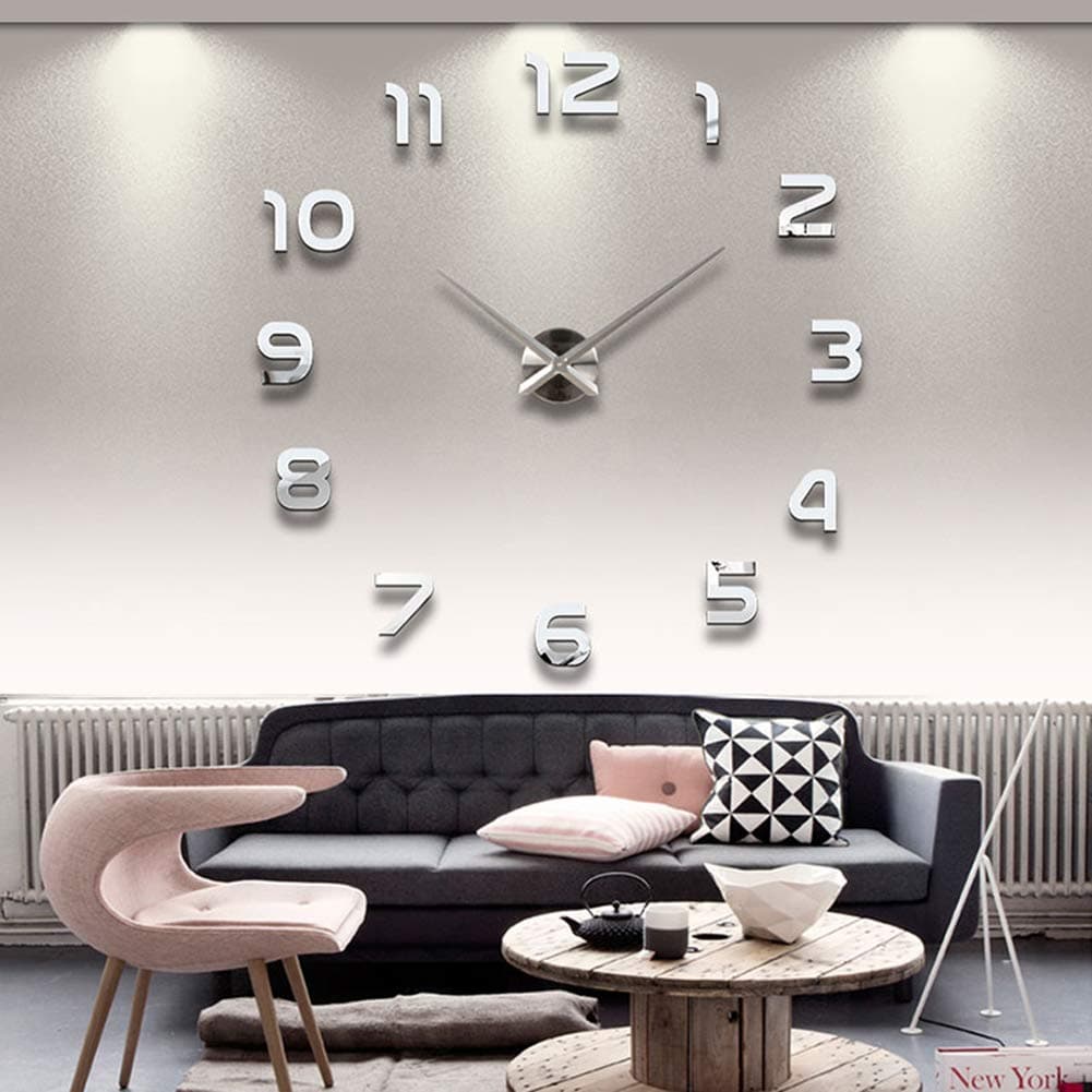 LOZMOM Frameless 3D DIY Wall Clock Mirror Surface Decorative Clock Large Mute Wall Stickers for Living Room Bedroom Home Decorations (Silver)