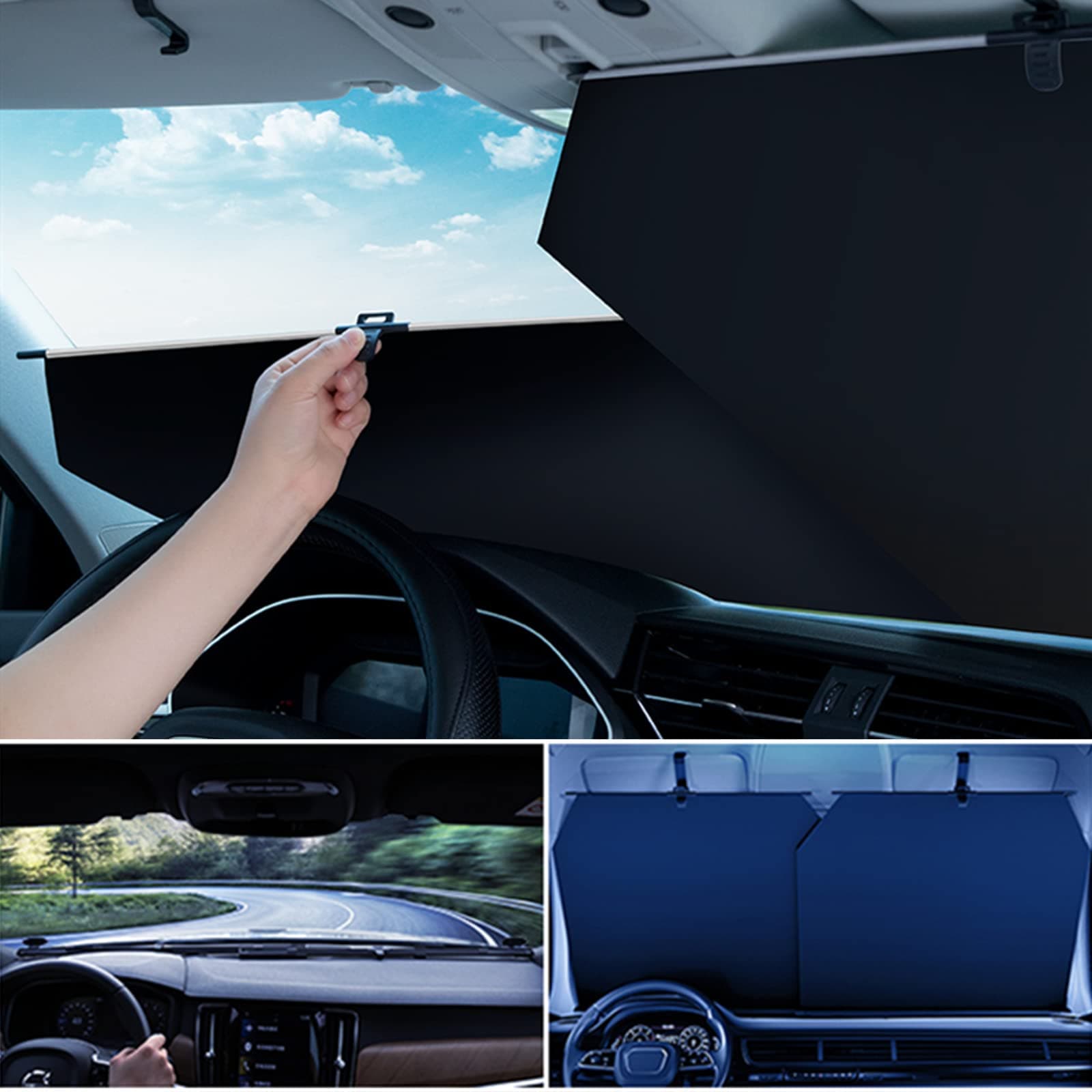 Car Windshield Sunshade, Telescopic Windshield Sun Shade with Suction Cups, Blocks UV Rays to Keep Vehicle Cool - Full Cover and Retracts Under The Front Windshield Without Obstructing The View