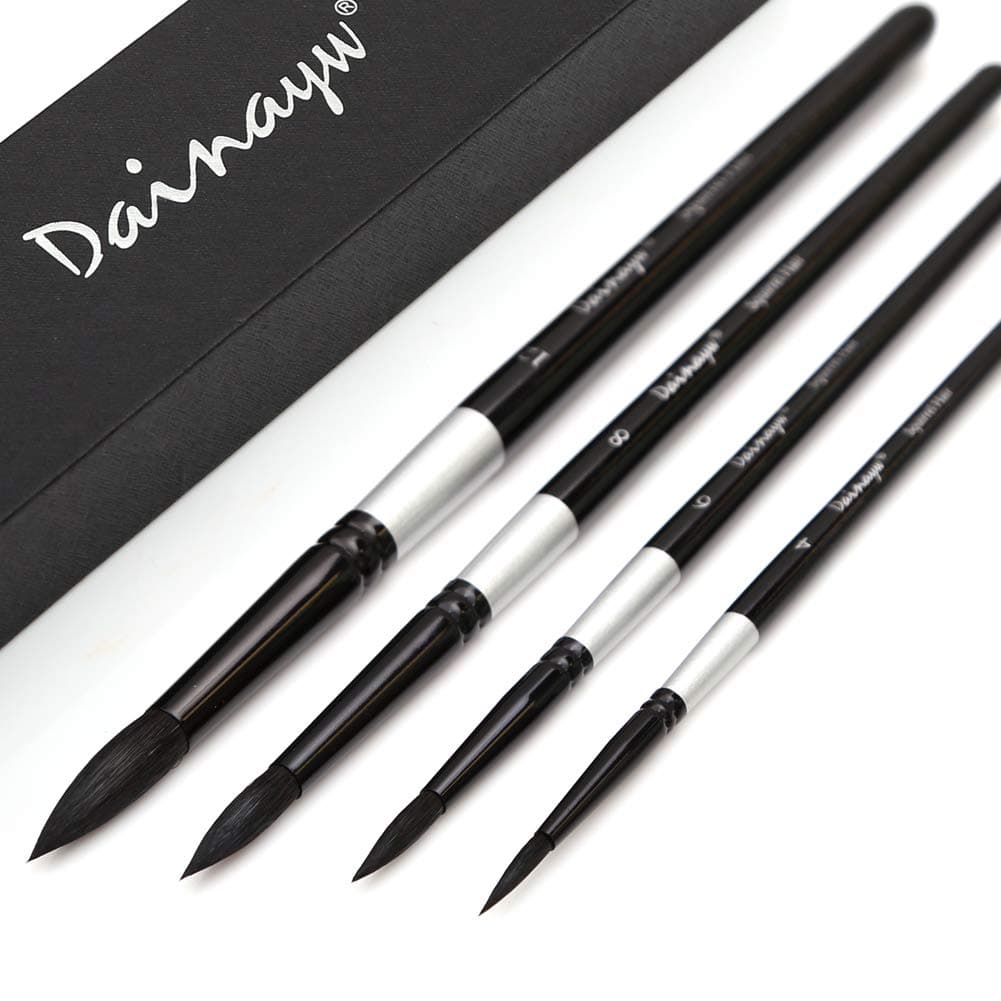 Dainayw Round Watercolor Paint Brushes 4Pcs Squirrel Hair Professional Brush for Artist Painting Watercolors, Acrylics, Inks,Gouache and Tempera, Black Handle
