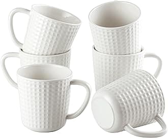 Ceramic Coffee Mugs 15 oz, Large Waffle Embossed Mug Set, Coffee Cups for Latte, Cappuccino, Cocoa, Hot Tea, Mocha, Milk, Housewarming Wedding Present, Microwave & Dishwasher Safe - Set of 6 (White)