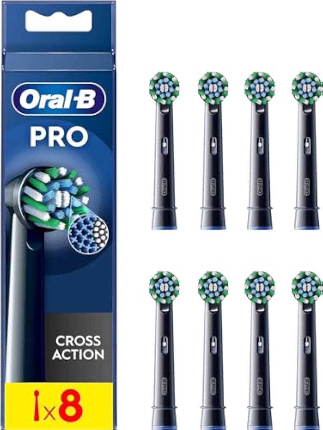 Oral-B Pro Cross Action Electric Toothbrush Head, X-Shape And Angled Bristles for Deeper Plaque Removal, Pack of 8 Toothbrush Heads, Black