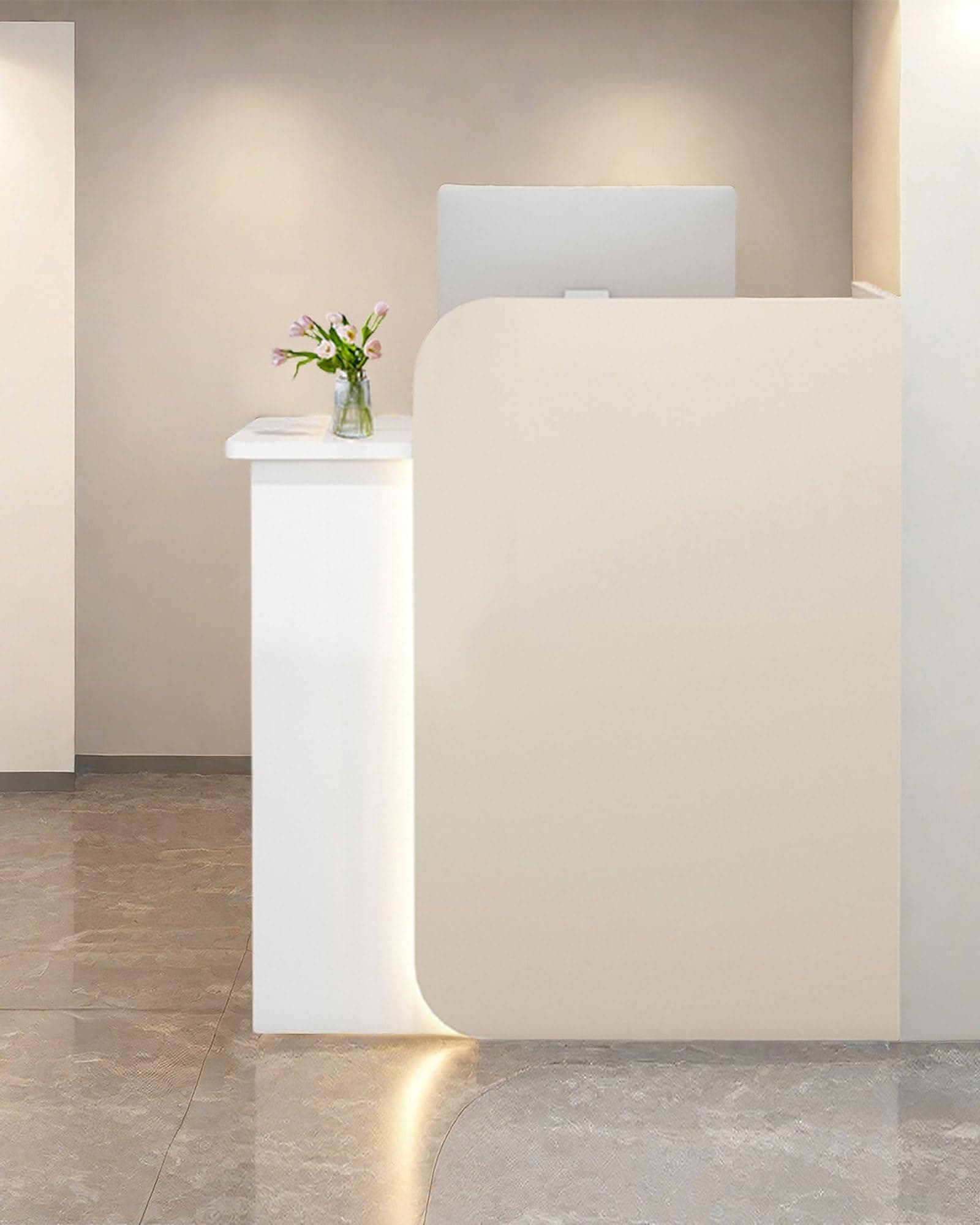 Reception Desk Office Checkout Counter, Modern Front Desk Reception Counter Desk with Lockable Drawer Simple Retail Counter for Retail, Lobby, Beauty Salon Clothing Store(Warm+White,55" Lx18 Wx39 H)