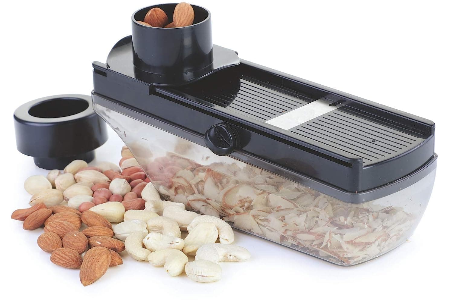 Multipurpose Dry Fruit Garlic Ginger Slicer with Hand Guard Thickness Setting and Container