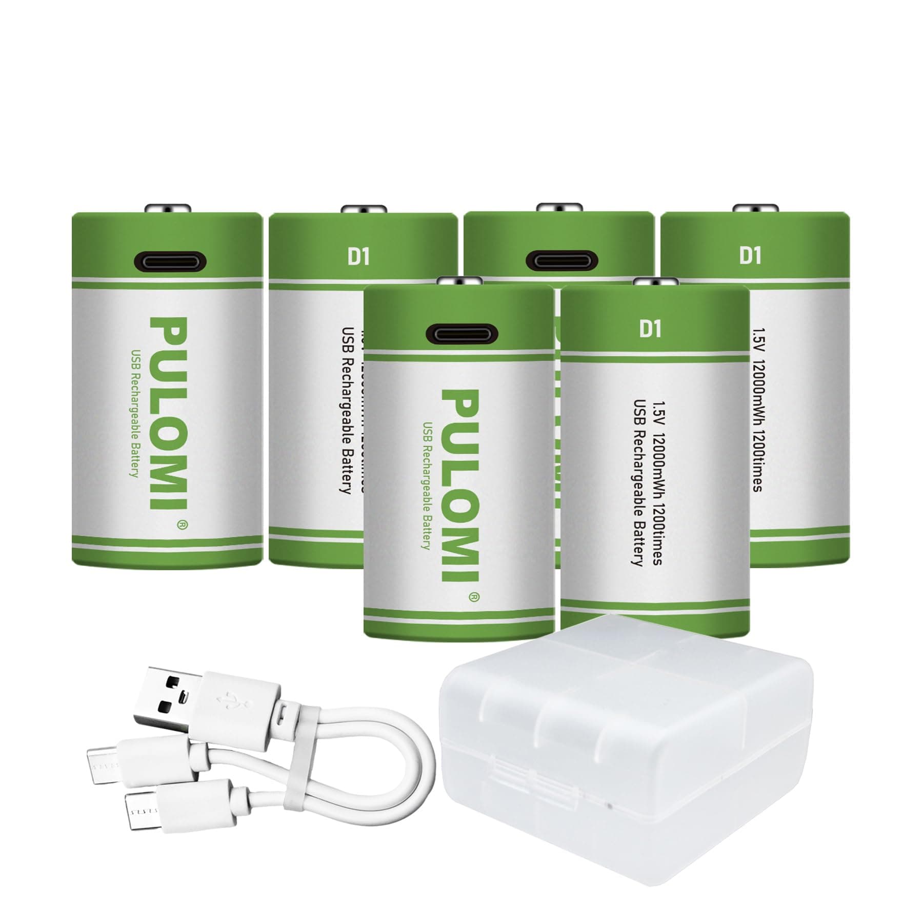 PULOMI 6pcs D Battery D Batteries, USB/Type-C D Rechargeable Battery, High Capacity 1.5V 8000mAh 12000mWh, 3 Hours Fast Charge, Cycle Times up to 1200x with Type-C Port Charging Cable