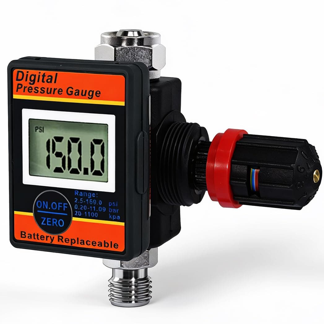 Lematec Digital Air Flow Gauge Regulator with Locking Adjustment Valve, Control 1/4 inch Universal Thread Male Inlet Fitting, Works All Tools and Compressors