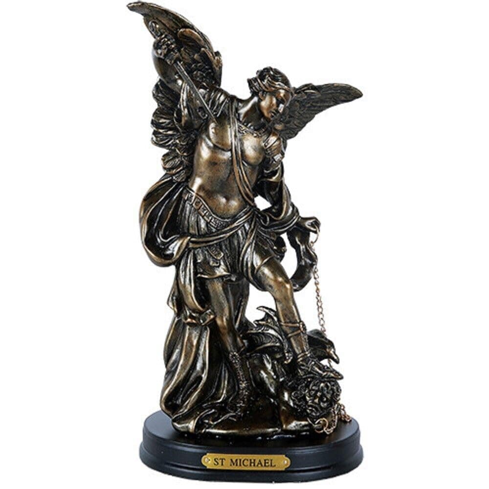 Pacific Giftware St. Michael San Miguel The Great Protector Archangel Defeating Lucifer Figurine on Wooden Base with Brass Name Plate Polyresin Home Decor 8.13" H
