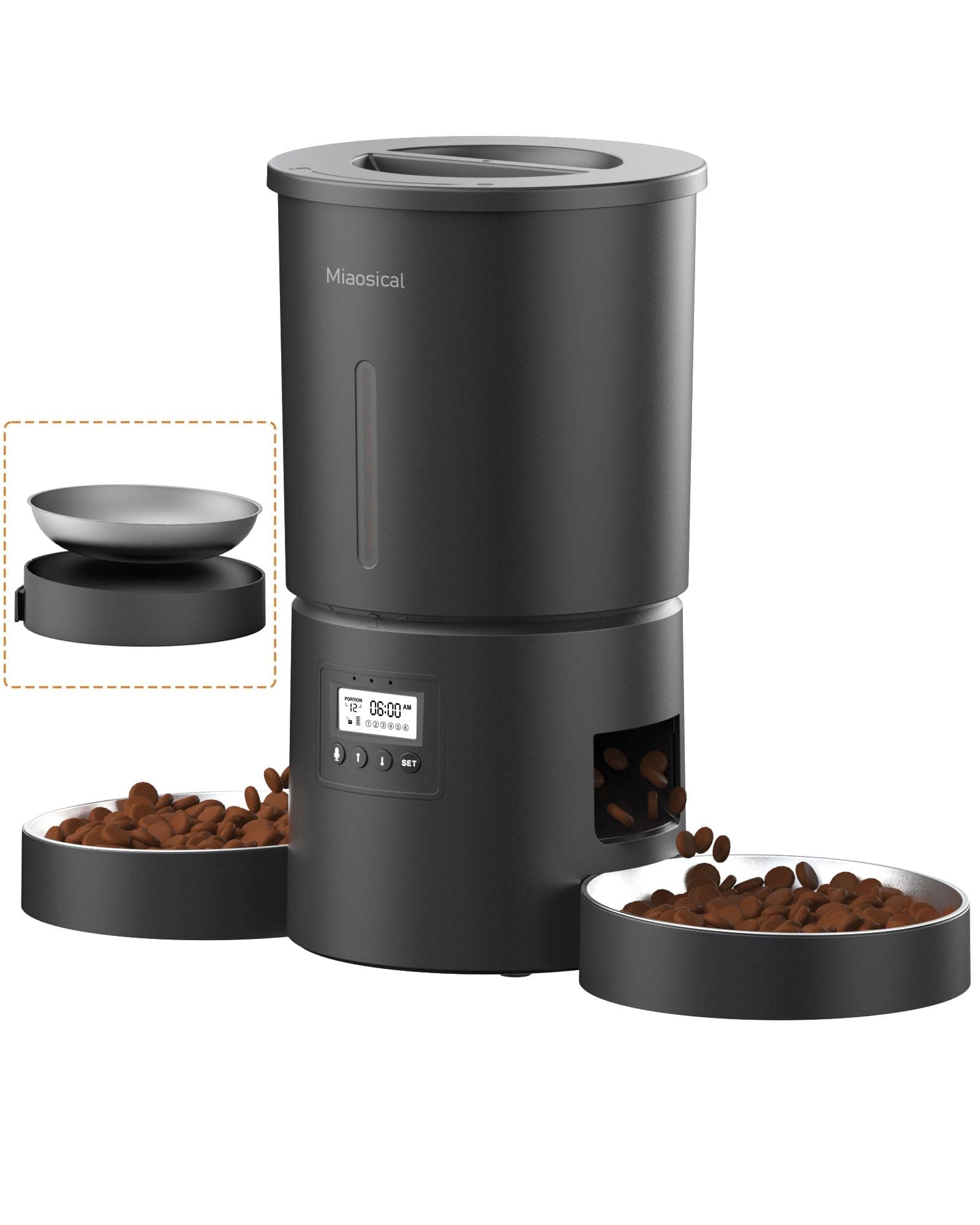 Automatic Cat Feeder 2 Cats,6 Meals/Day,12 Portions/Meal,4.2L Dual Power Double Bowls Feeder,Dry Food Auto Pet Dispenser,10S Voice Record,Flexible Schedule Timer (Black,Basic Dual Bowls)