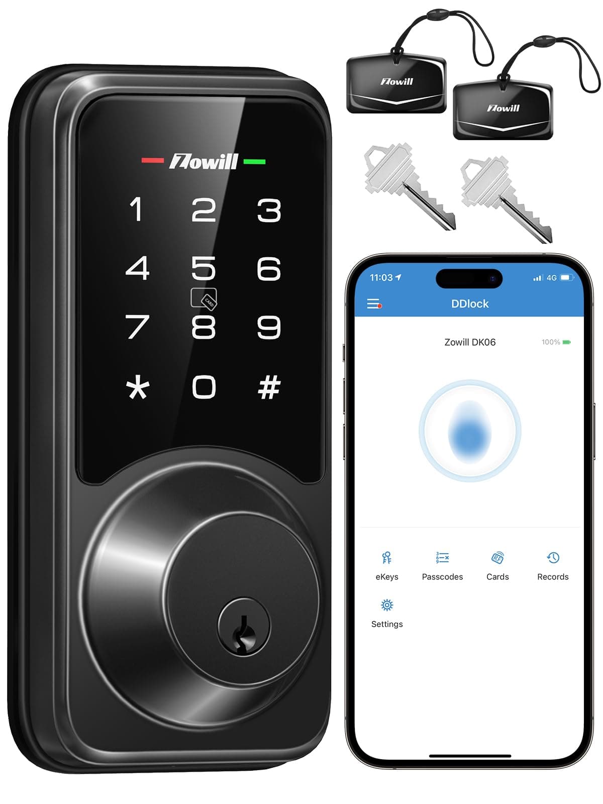 Zowill Smart Lock - Keyless Entry Door Lock with APP Control, Touchscreen Keypad Electronic Digital Lock, Auto-Lock, Easy Installation, Smart Door Locks for Front Door