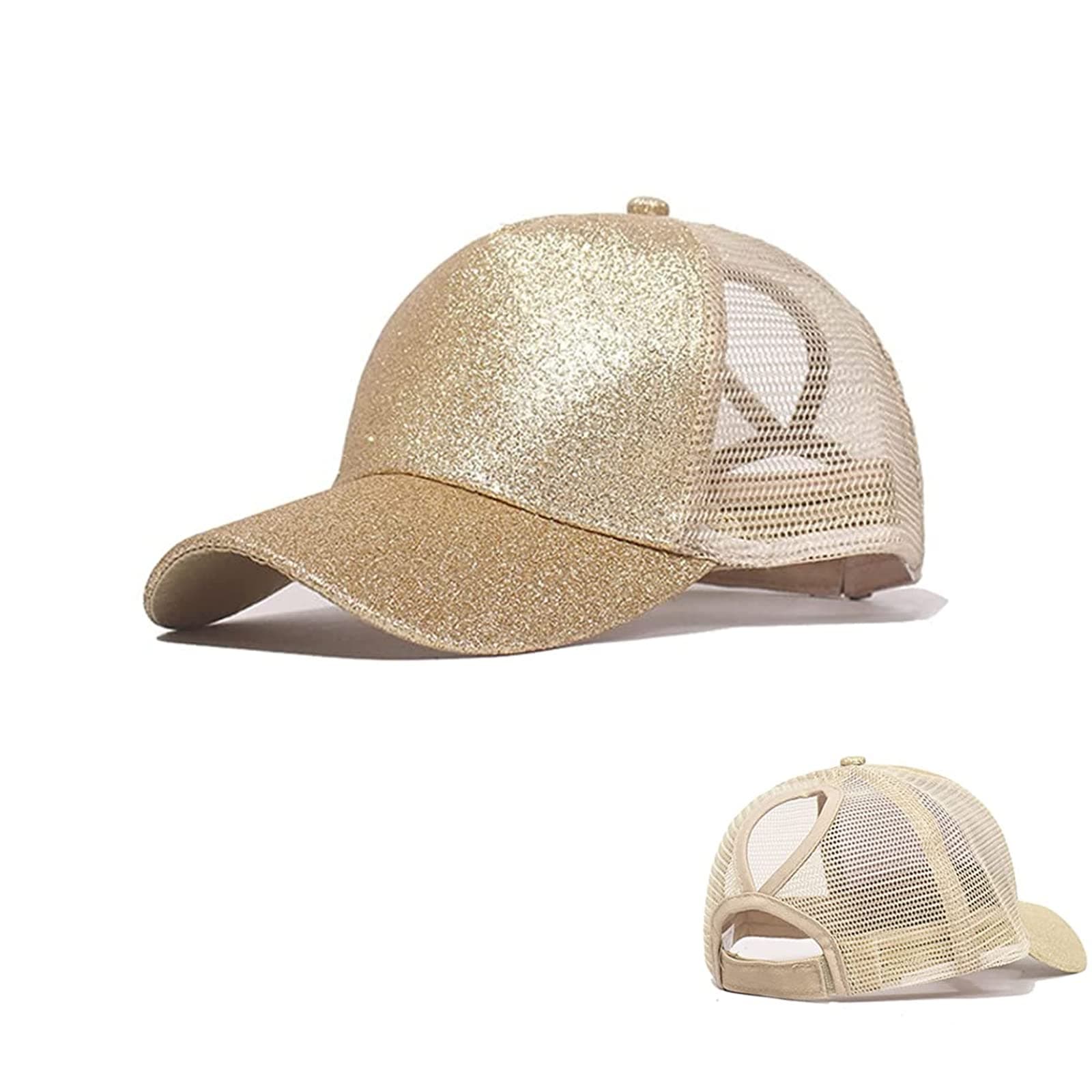 DWE Visor Cap, Summer Glither Ponytail Cap Mesh Hats Casual Adjustable Sport Caps Baseball Cap for Women Girls (Champagne)