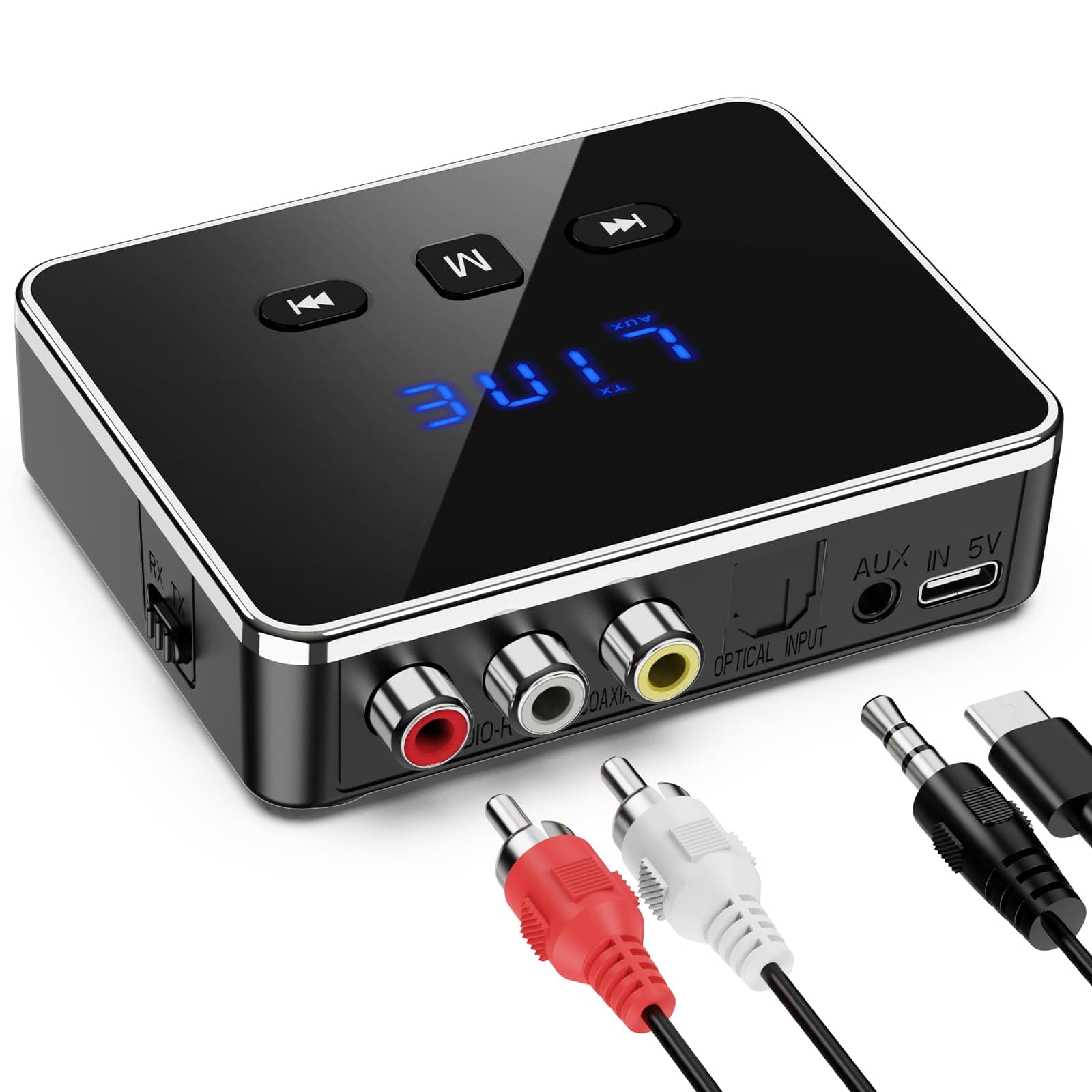 JXTZ Bluetooth Audio Adapter, Bluetooth 5.4 Transmitter Receiver Support U-Disk, TF Cards, Optical/RCA/Aux, LED Display Bluetooth Receiver for TV, Home Stereo, Wireless Adapter for Speakers Headphone