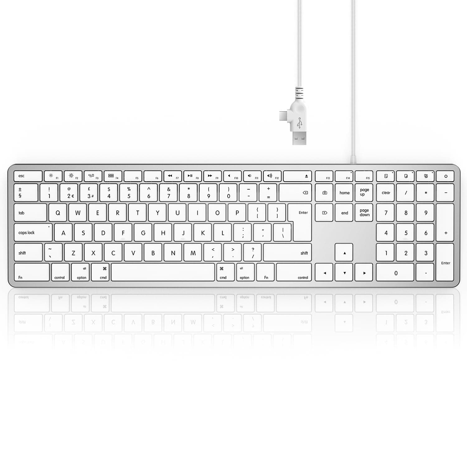 JP208 Wired Keyboard for Mac OS, Slim External Full-size Keyboard with Numeric Pad & USB A and Type C 2-in-1 for Apple Mac, iMac, MacBook Pro/Air/Mini, UK Qwerty Layout - White and Silver