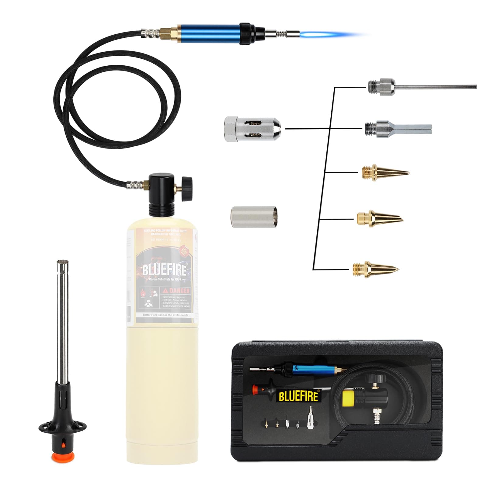 BLUEFIRE 3' Hose MAP/MAPP Gas Soldering Mini Pen Torch Kit Multi-Function Propane Torch with Free Flint Lighter Hotter Jewelry Torch Portable Brazing Welding Torch Kit by MAP Pro Propane Cylinder
