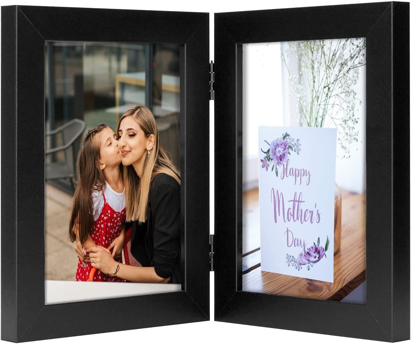 Frametory, 5x7 Double Picture Frame Hinged Photo Frames Two Folding Frame Desktop Glass Frame Vertical (Black, 5x7 Double)