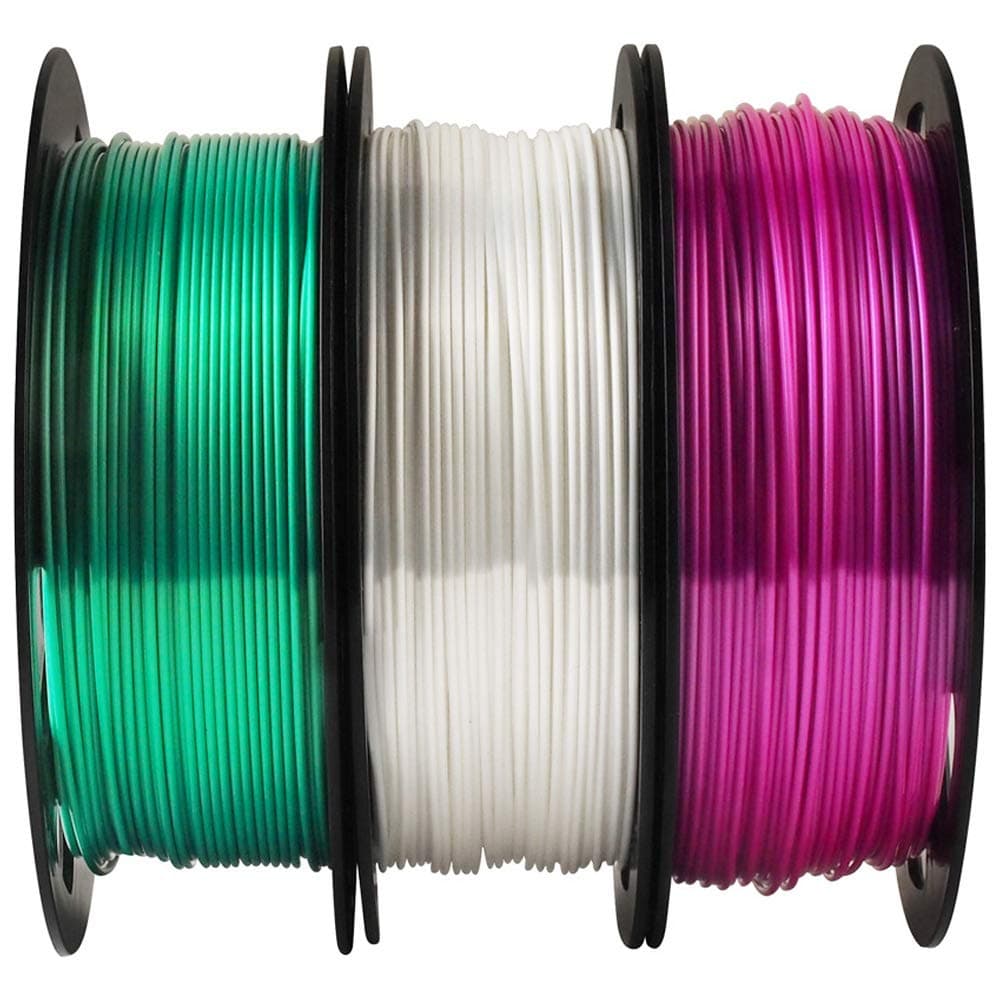 MIKA3D 3 Spools Silk PLA Filament Bundle, Each Spool 0.5kg, Total 1.5kgs Silk Shiny PLA 3D Printing Filament Bundle (500g X 3 Silk Green/White/Purple)
