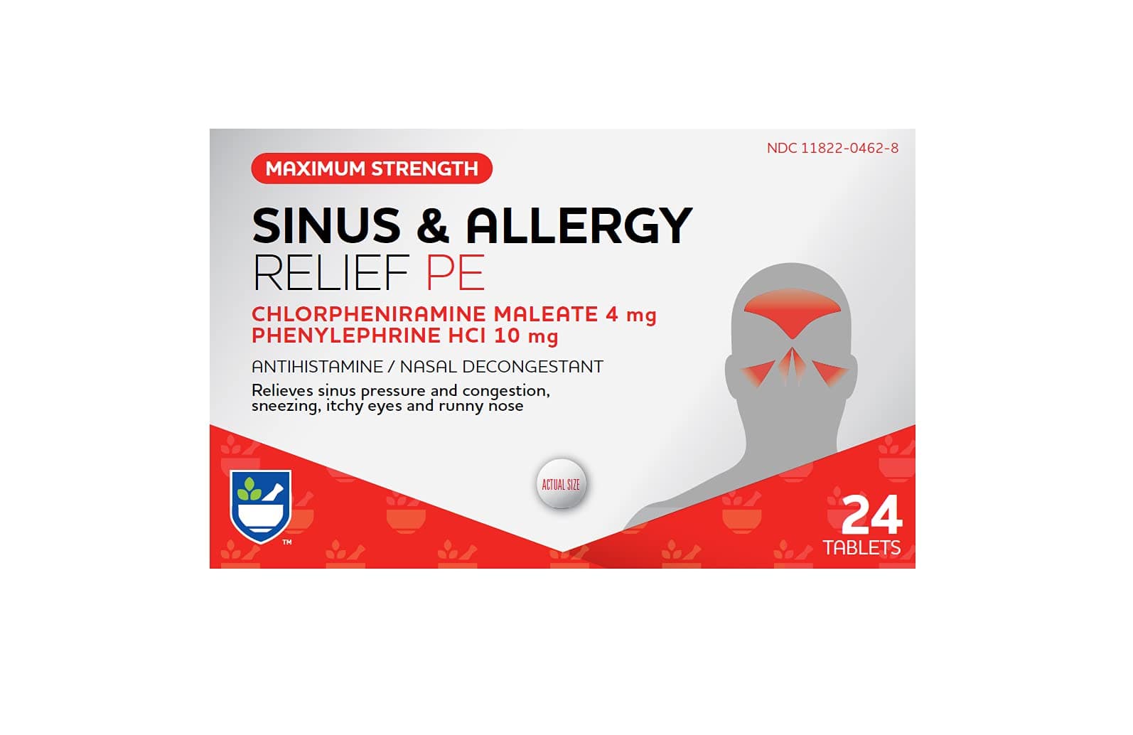 Rite Aid Sinus & Allergy Relief PE Tablets, Maximum Strength- 24 Count | Antihistamine and Nasal Decongestant | 4 Hour Allergy Medication | Allergy and Congestion Relief
