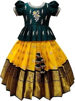 White Button Lehenga Choli Traditional South Indian Pattu Pavadai Girl Jecquard