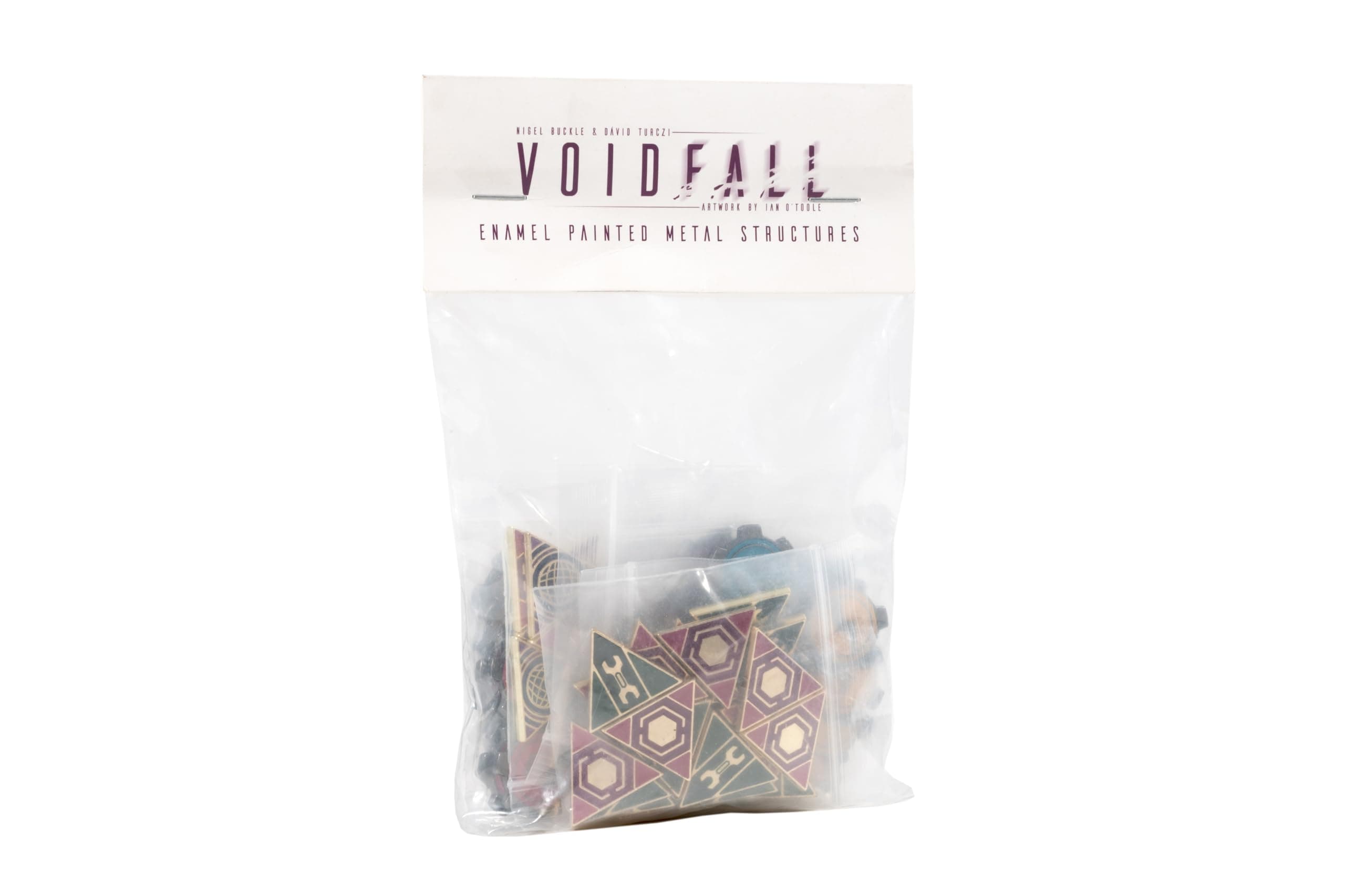 Mindclash Games Voidfall - Enamel Painted Metal Structures | 72 Premium Double-Sided Metal Tokens for Installations & Guilds | Upgrade for Base Game