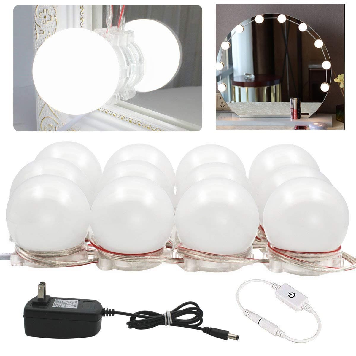 Hollywood Style LED Vanity Mirror Lights Kit Dimmable Light Bulbs, Lighting Fixture Strip for Makeup Dressing Table Mirror (12 LED Balbs)