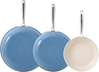 - Redchef Non Stick Ceramic Frying Pan Set, Non Toxic Ceramic Pans for Cooking, 8" 9.5" 11" Skillet Set, No PFAS & PTFE & PFOA with Stainless Steel Handle, Dishwasher & Oven Safe Max up to 842°F (Blue)