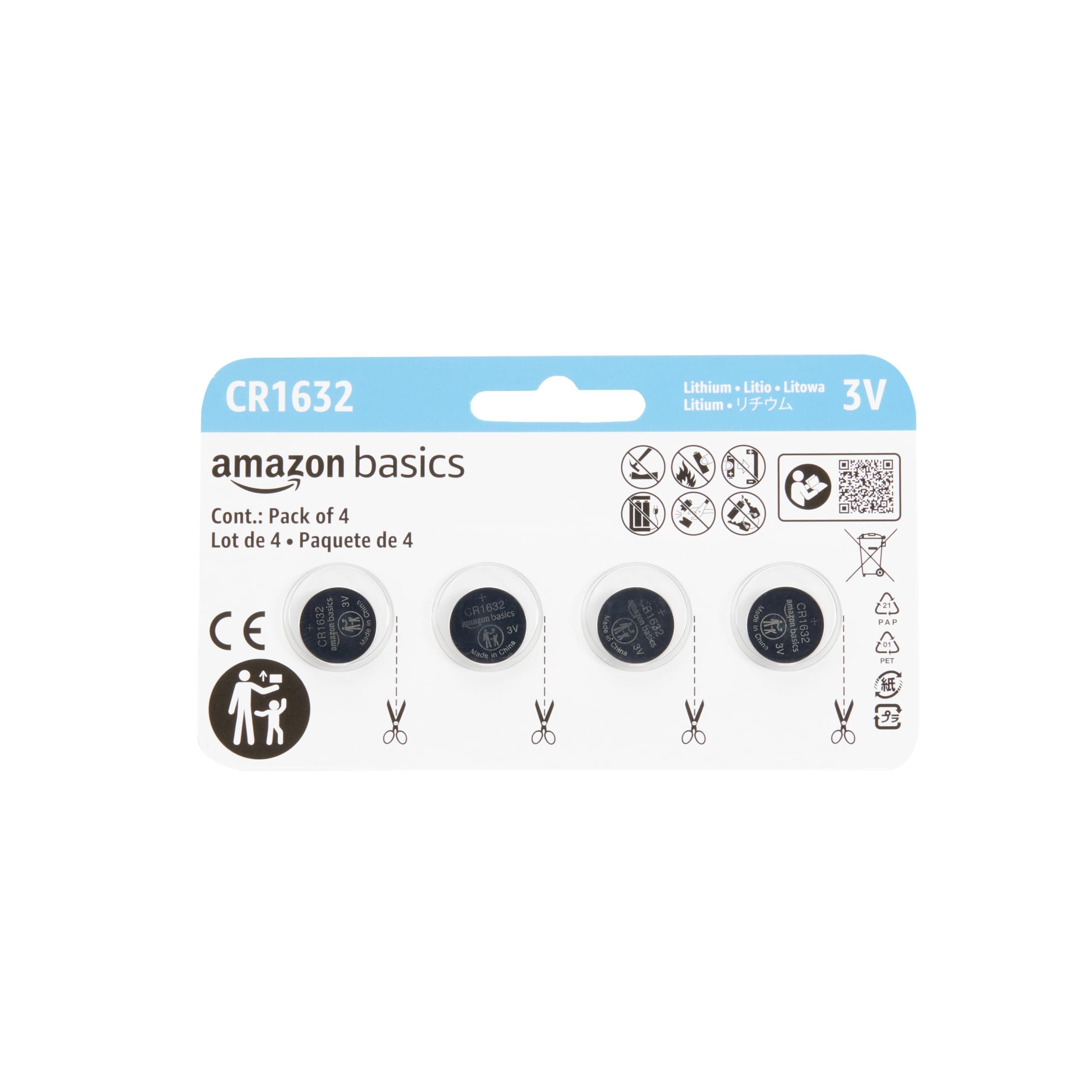 Amazon Basics 4-Pack CR1632 3 Volt Lithium Coin Cell Battery, Long Lasting Power, Mercury-Free, Reliable, Child Safety Packaging