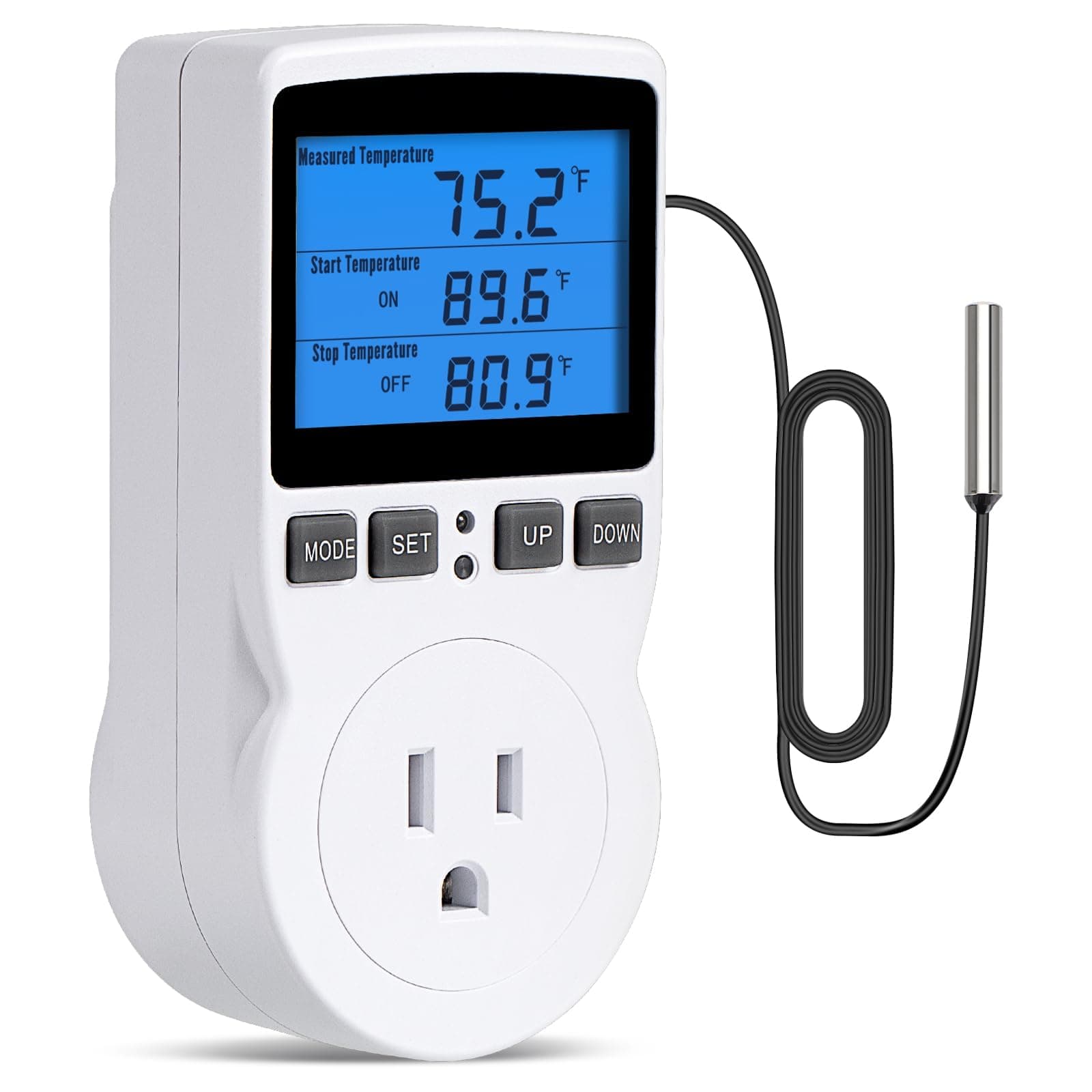 Plug in Thermostat Temperature Controller Digital Thermostat Outlet Heating Cooling Control Timer 1800W 110V 15A Backlit Display