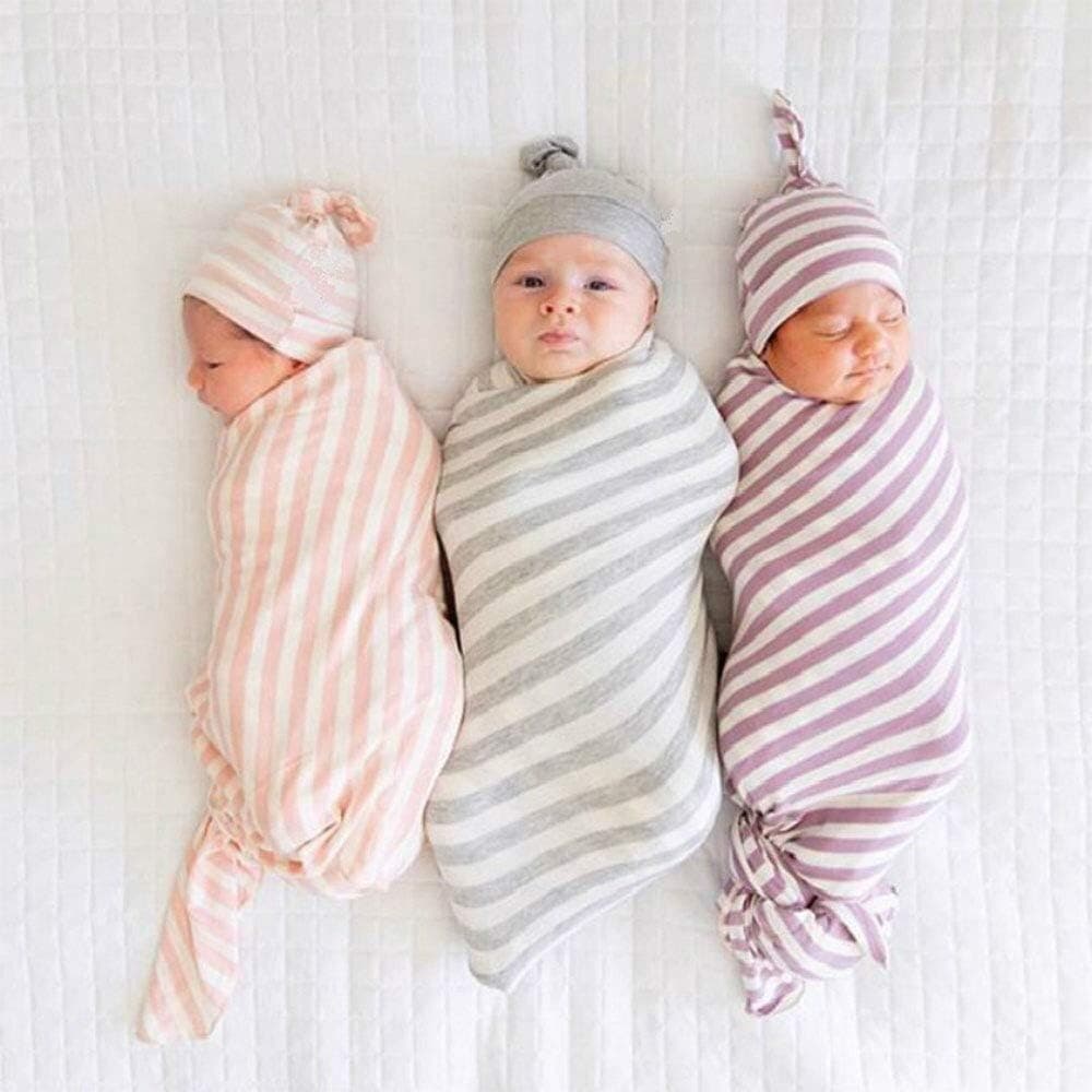 3 pack Baby Swaddle Wrap Set - Soft and Stretchy Newborn Essentials for Baby Includes Receiving Blanket, Headbands and More Bamboo Stripe Pattern 0-3 months