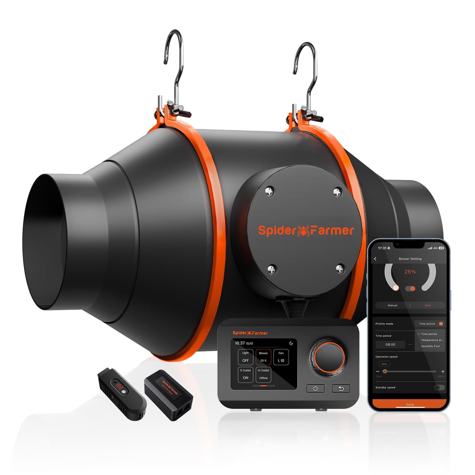 Spider Farmer 4 Inch Inline Quiet Duct Fan with Temperature Humidity Controller, Intake Fan for Grow Tent, LED Grow Light Booster