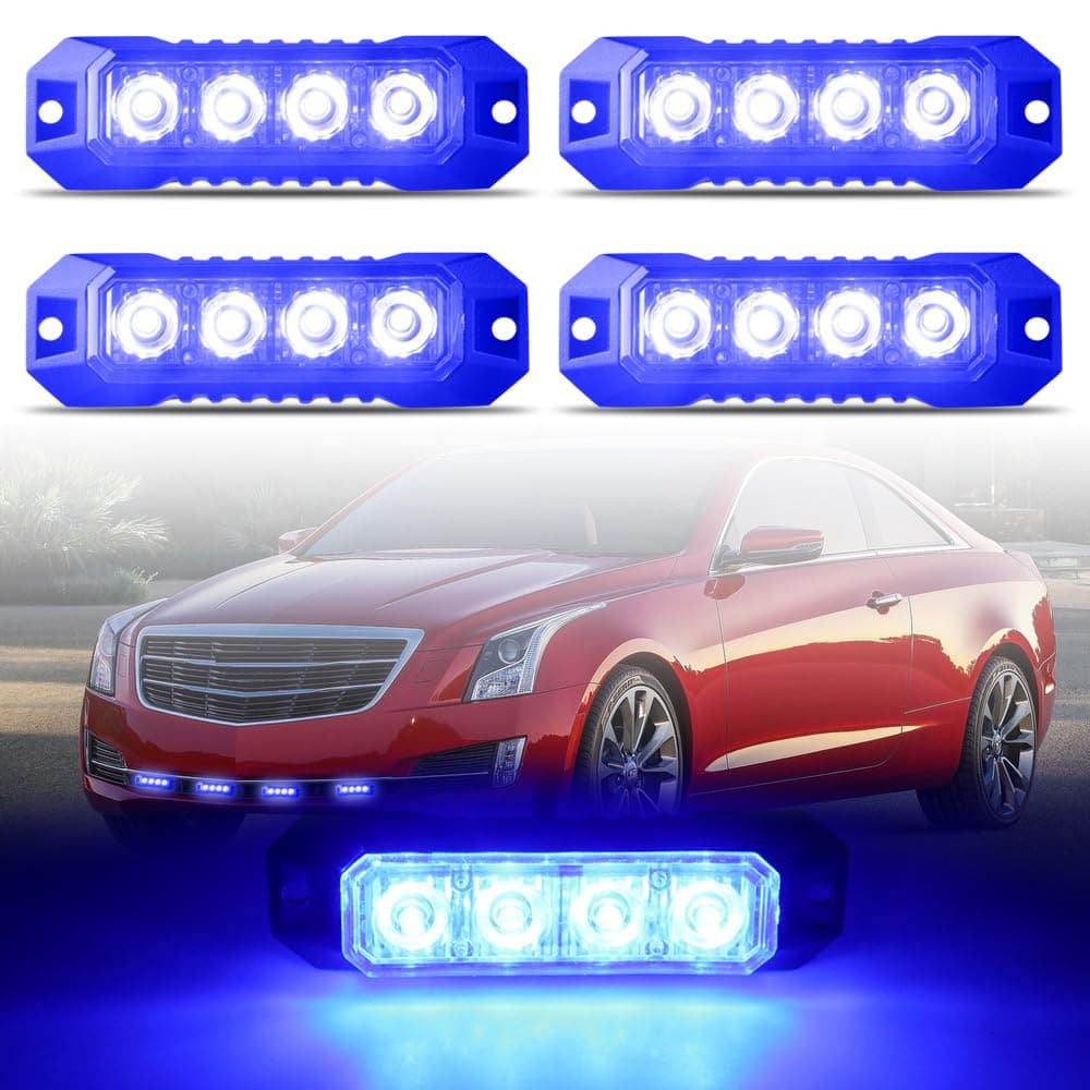 4-LED Surface Mount Strobe Lights for Trucks Car Vehicle Mini Grille Flashing Light Head Emergency Hazard Warning Grill Lamp Ultra Slim 4pcs Sync Feature (Blue)