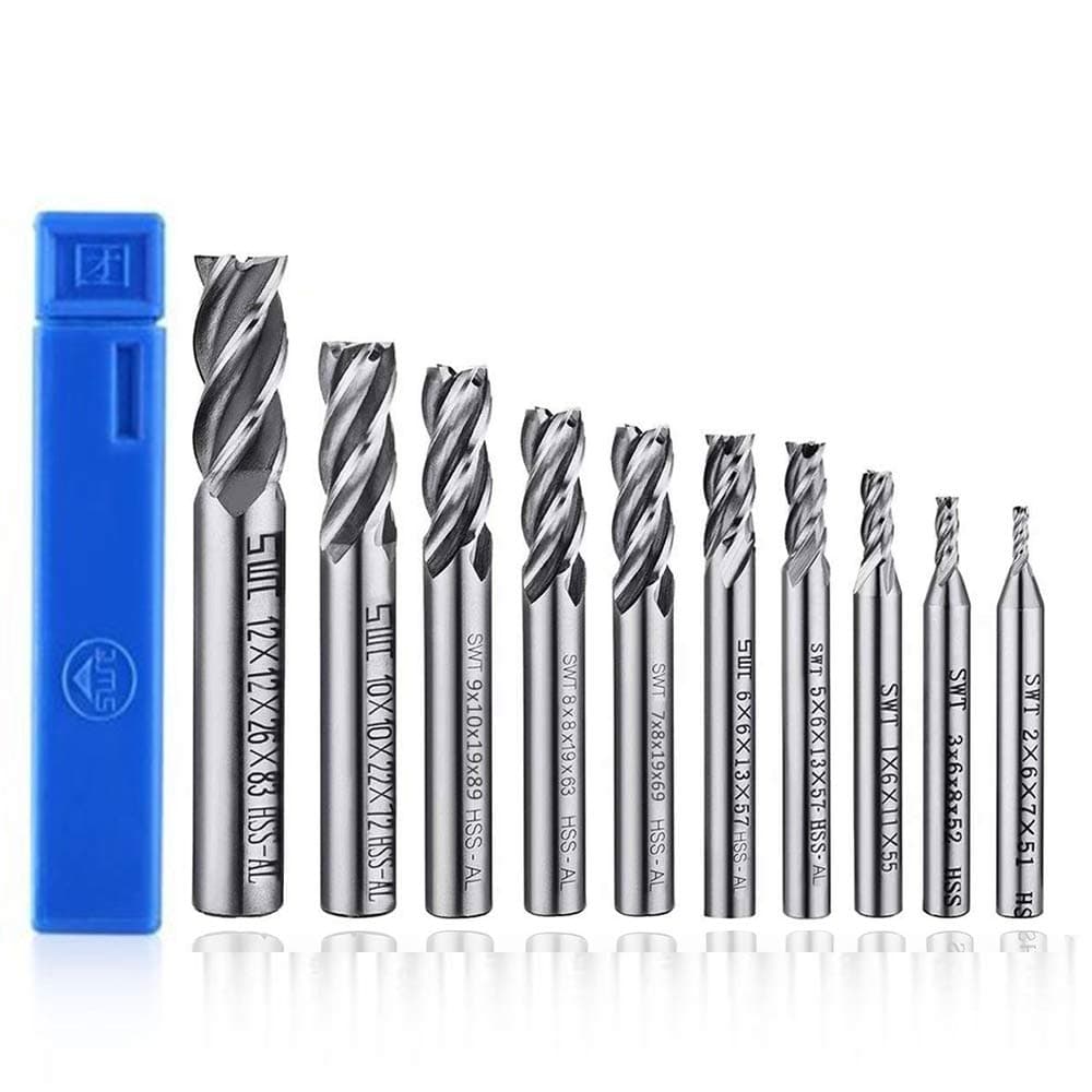 ASNOMY 10pcs Milling Bits 4-flute End Mill Bits, HSS CNC Cylindrical Shank Bits Cutter Tool Set for Wood Aluminum Titanium Steel, 2/3/4/5/6/7/8/9/10/12mm