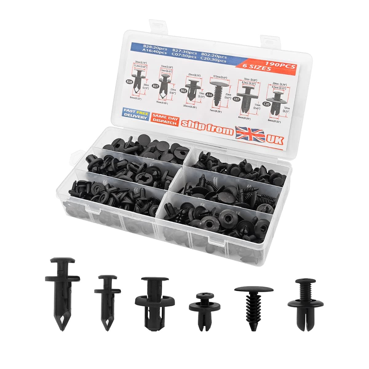 190 Pcs Bumper Retainer Clips, Car Plastic Push Fasteners Rivet Clips Kit, 6 Most Popular Sizes for Auto Fender Door Trim Panel, Universal Car Push Retainer Rivets Replacement Assortment