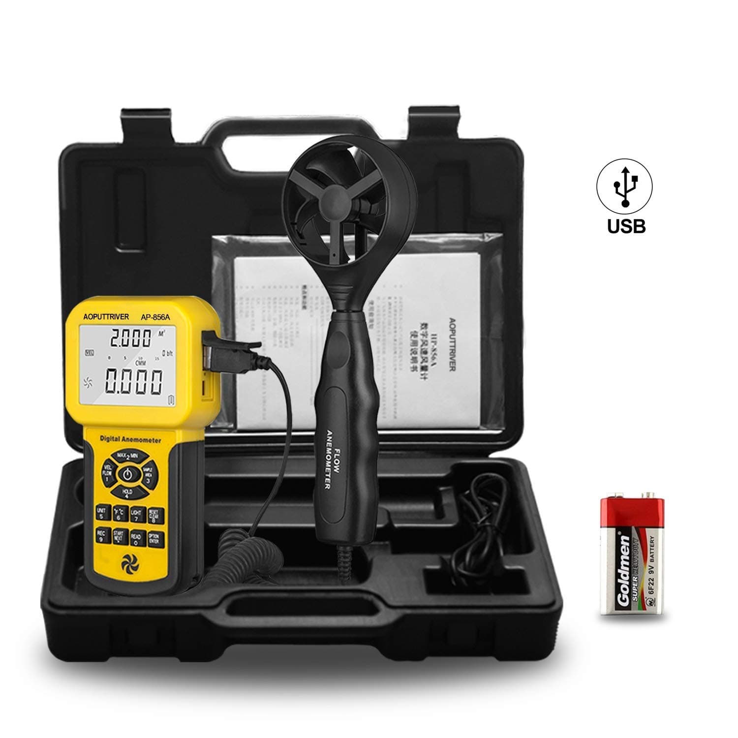 Digital Pro Anemometer Handheld AP-856A USB Anemometer HVAC Wind Speed Meter with Backlight Max/Min/Avg Functions for Measuring Wind Speed Air Velocity Temperature Air Flow Meter