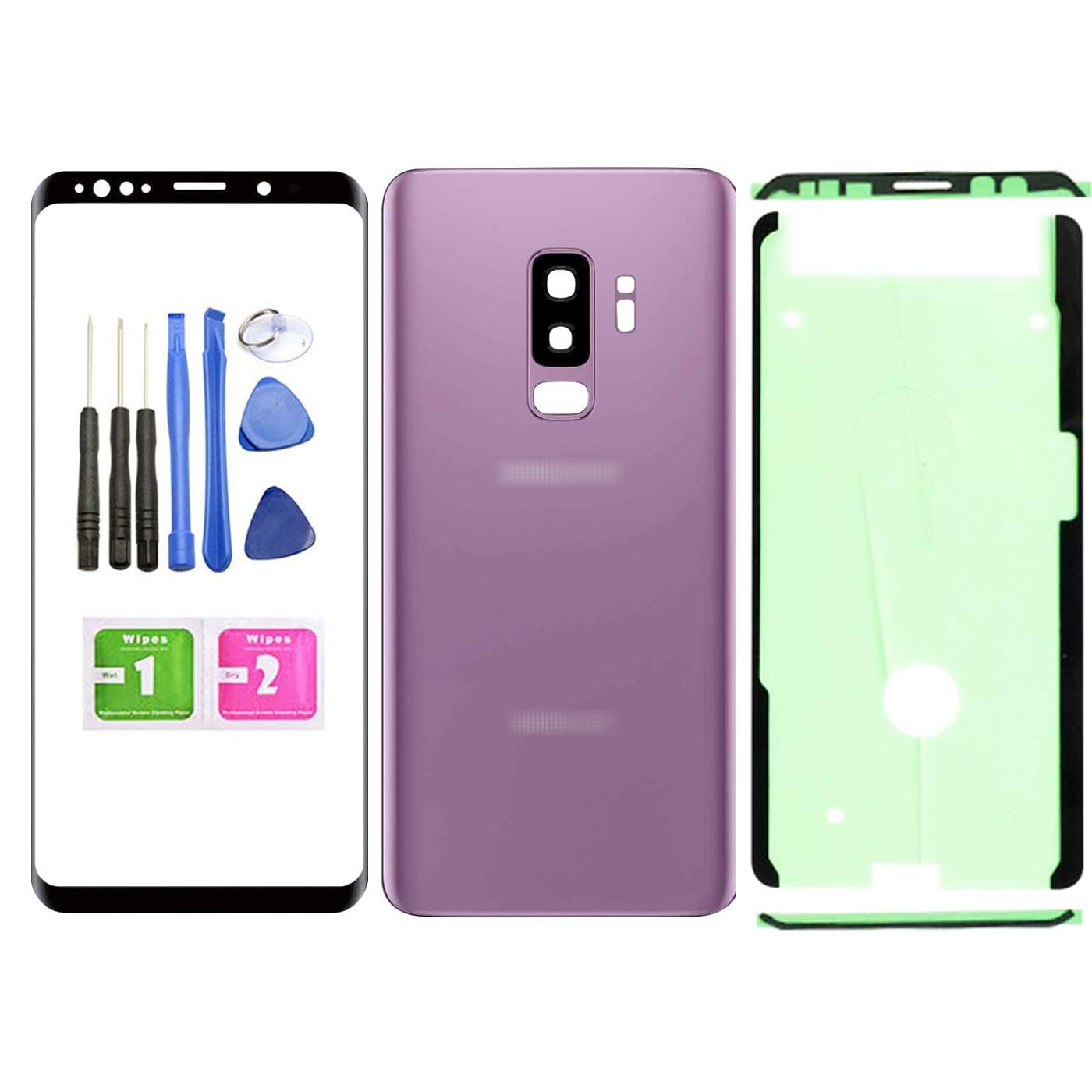 Galaxy S9+,S9 Plus Rear Back Glass Cover,Front Screen Glass Lens Replacement for Samsung Galaxy S9+ G965 6.2" All Carriers Model,Frame Tape(Without LCD;Without Touch) (Purple)