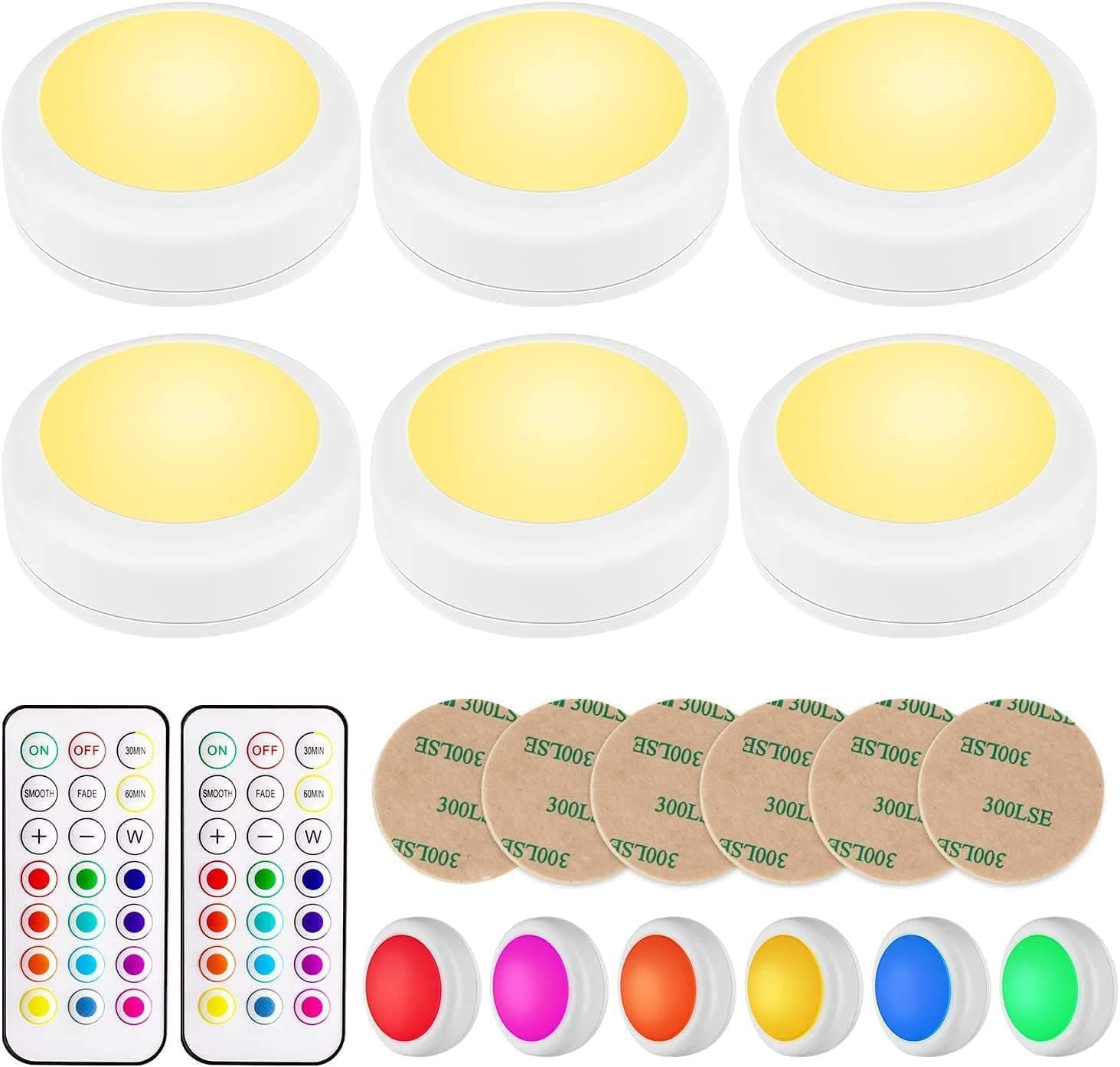 ELECDON Large Size LED Puck Lights with Remote Control, Wireless Under Cabinet Lighting, Battery Powered Lights, Stick on Lights, Color Changing Lights with Dimmer and Timer, Closet Light (6 Pack)