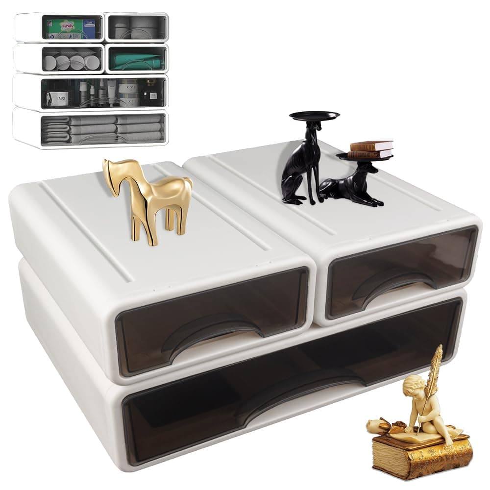SOEWIOUStackable Desk Storage Drawers, Desktop Organizer with Drawers, Stackable Storage Box, Plastic Desk Storage Organizer for Home, Office, School, Makeup, Crafts, Bathroom (3pcs)
