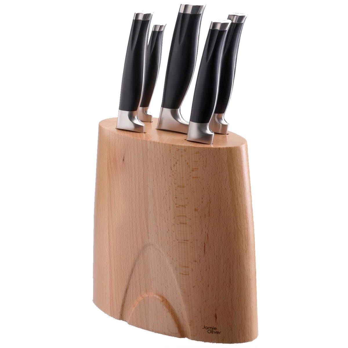 Jamie Oliver 5 Piece Professional Beech Knife Block Set - Includes paring, utility, chef's, carving and bread knives with black handles, in a wooden block