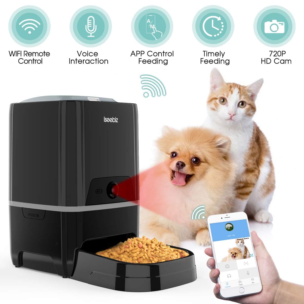 Automatic Pet Feeder with Camera, 6L App Control Smart Food Dispenser, Remote Feeding, 2-Way Audio, Voice Remind, Video Record, 6 Meals a Day for Medium Large Cats Dogs, Compatible with Alexa