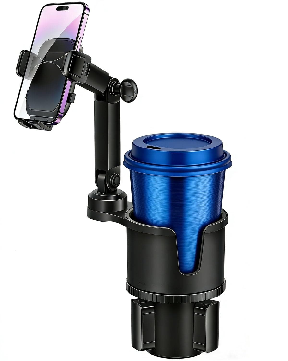 Car Phone Holder with Extendable Base, 2 in 1 Universal Multi-Cup with Rubber for Bottles, Cups and Phone Compatible with All Cell Phones