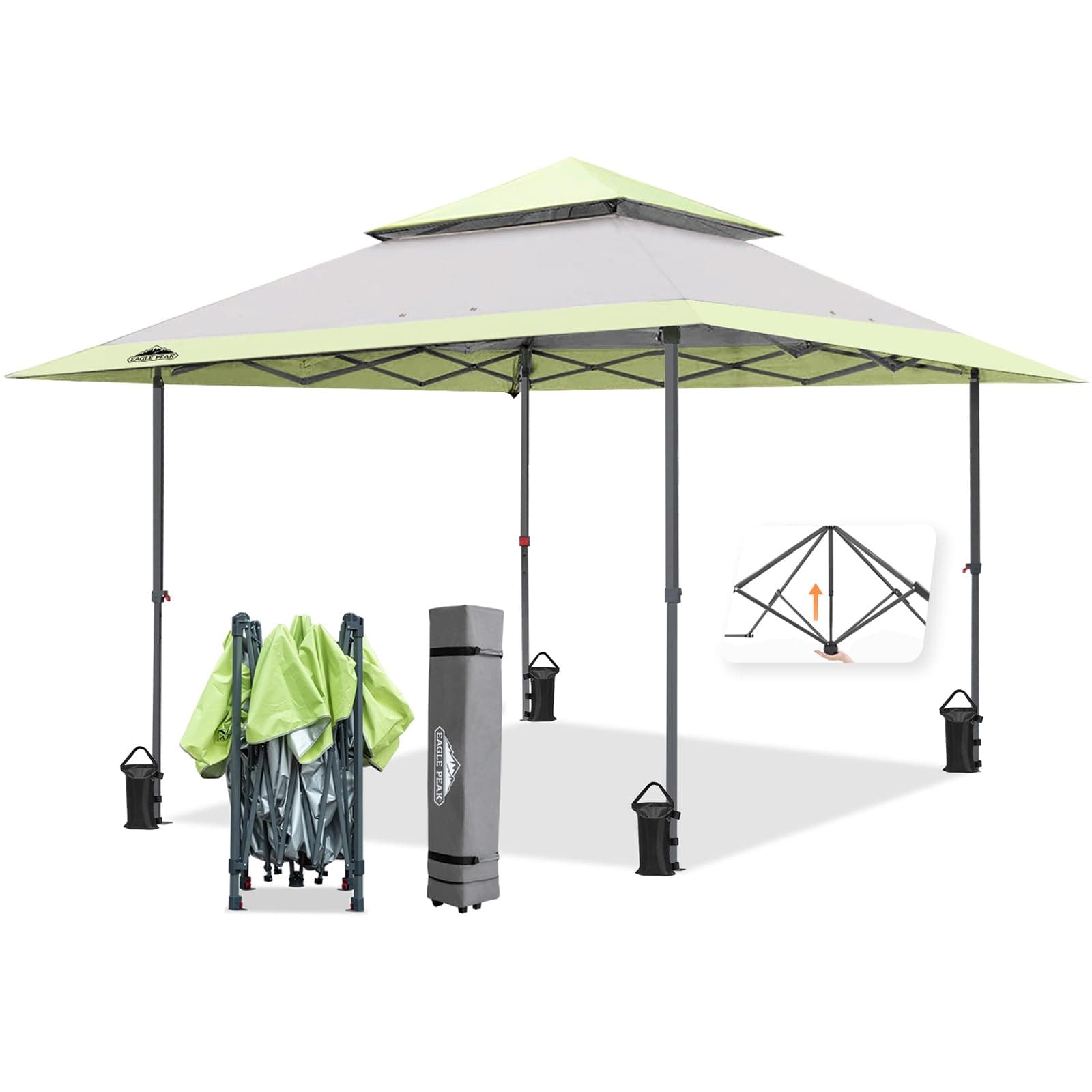 EAGLE PEAK3.9m x 3.9m Straight Leg Pop Up Canopy Tent Instant Outdoor Canopy Easy Single Person Set-up Folding Shelter w/Auto Extending Eaves 169 Square Feet of Shade (Gray/Green)