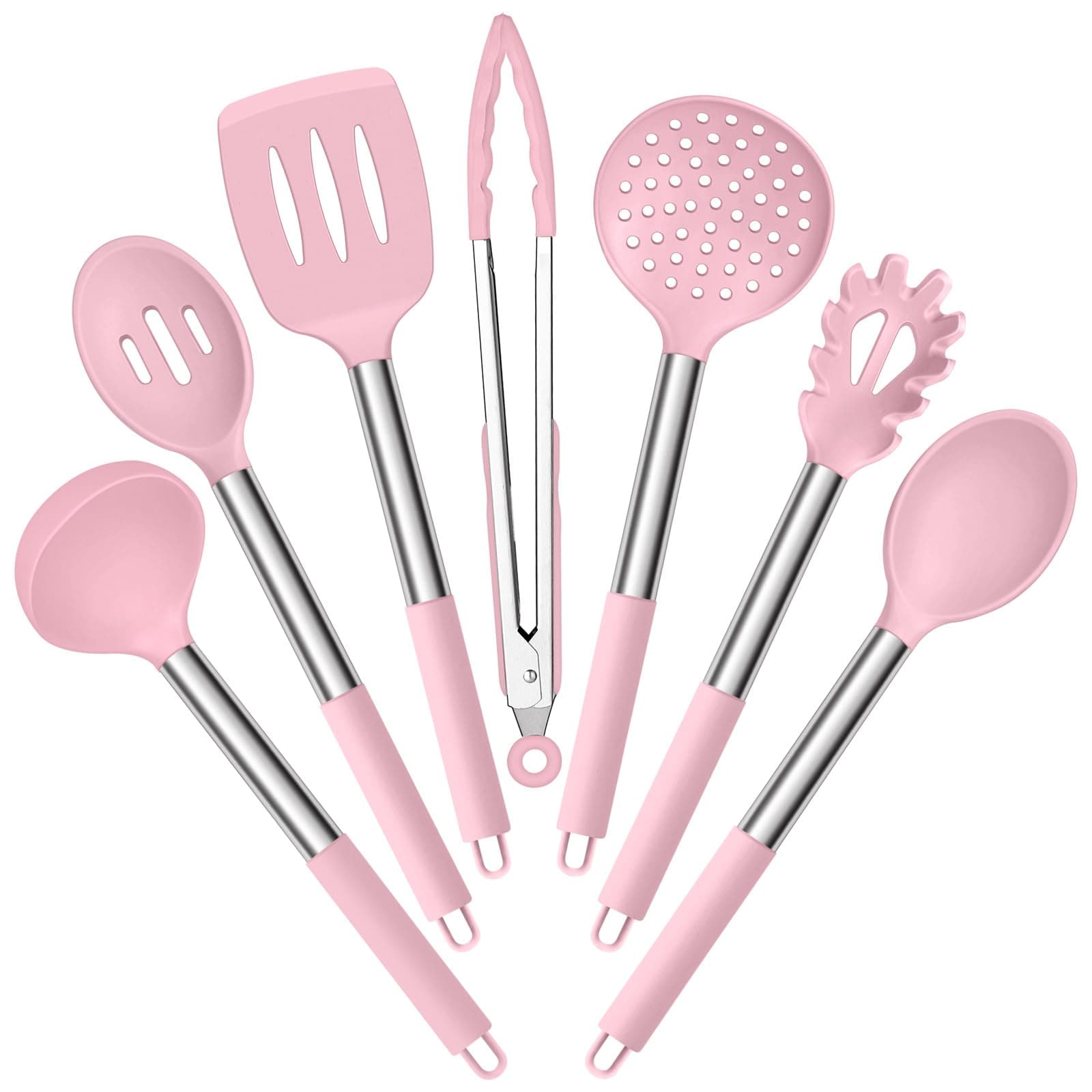 E-far Silicone Cooking Utensils Set, 7 Pcs Heat Resistant Kitchen Utensils with Stainless Steel Handle, Slotted Turner, Spoon, Soup Ladle, Pasta Server, Skimmer, Tongs for Nonstick Cookware, Pink