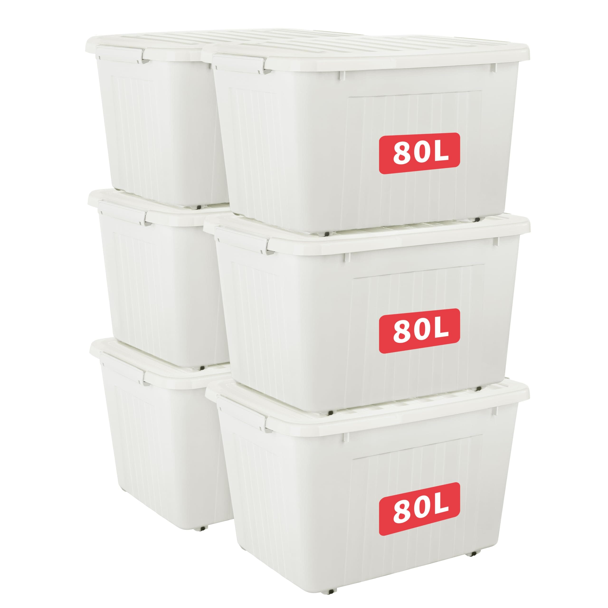 Cetomo 80L*6 Plastic Storage Box,White, Tote box,Organizing Container with Durable Lid and Secure Latching Buckles, Stackable and Nestable, 6Pack, with Buckle