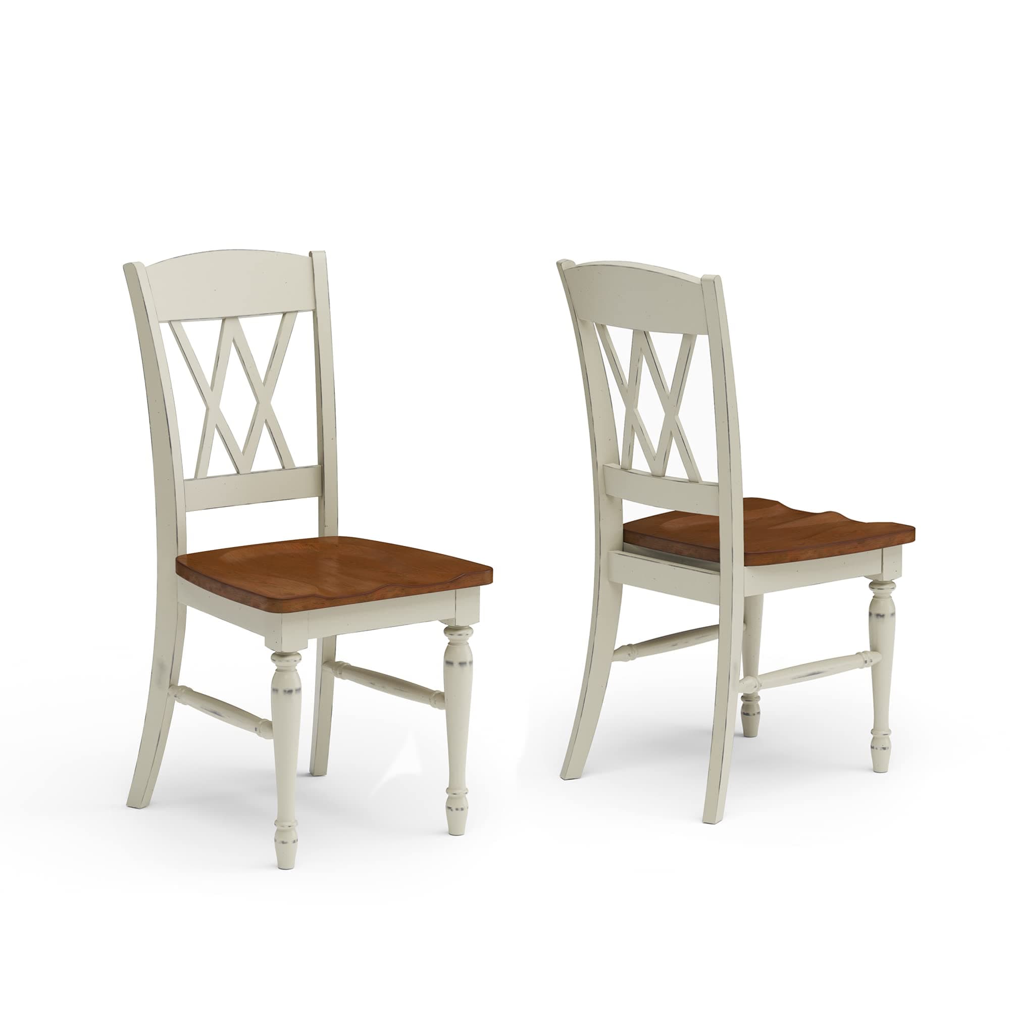 Home Styles Monarch Double X-back White and Oak Dining Chairs, with Solid Hardwood Construction, Turned Legs, and Distressed Oak Finish, Set of Two