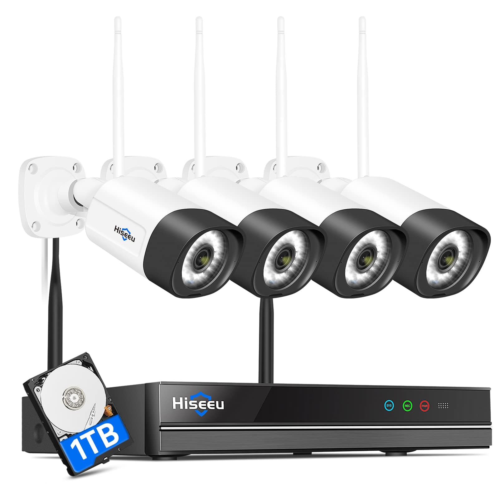 Wireless Security Camera System, 8CH NVR, 4x3MP WiFi Camera, Night Vision, Motion Detect, Instant Alert, Phone&PC View, 1TB HDD
